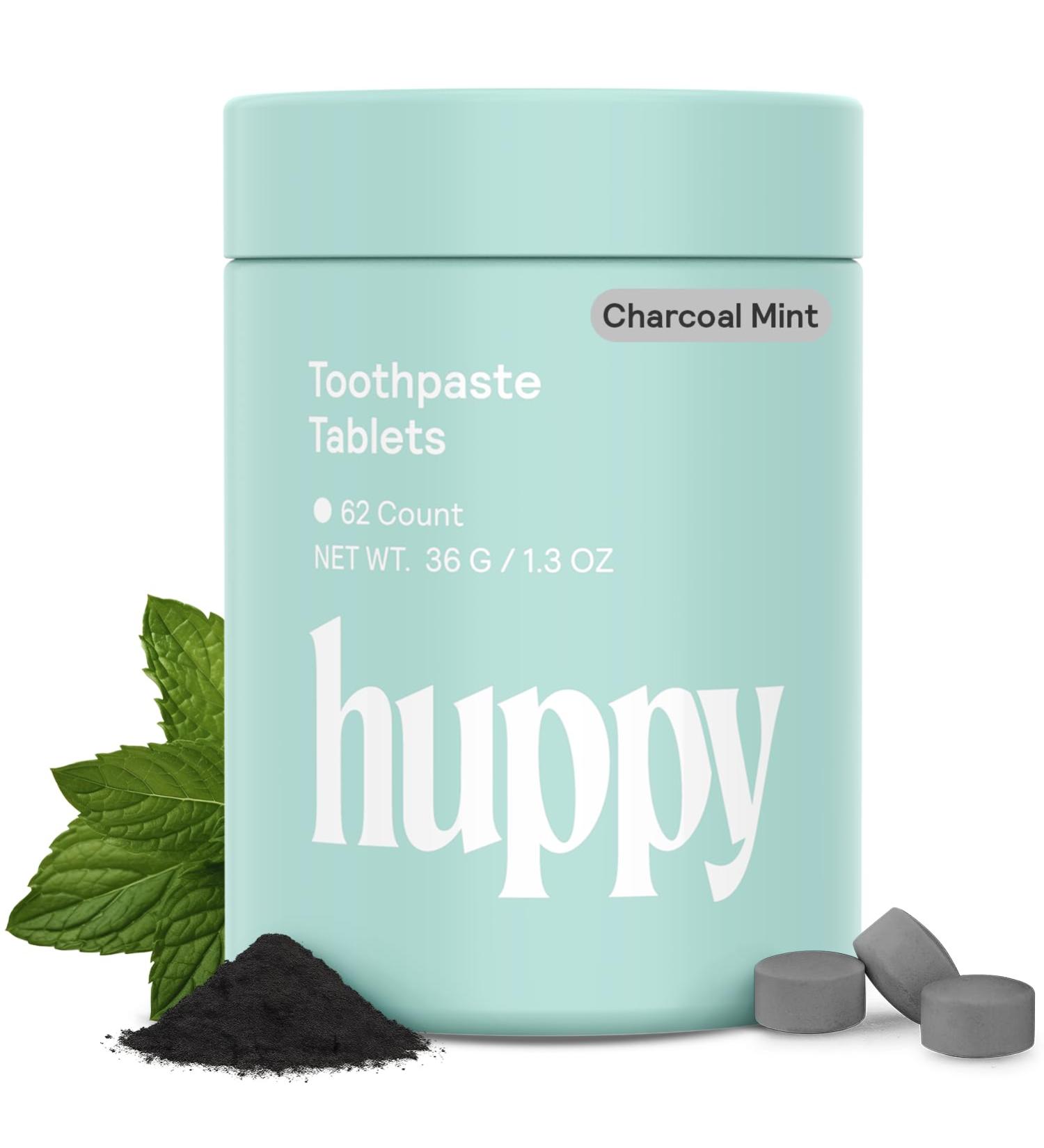 HUPPY Toothpaste Tablets Nano Hydroxyapatite - Natural Whitening Fluoride Free and Remineralizing - Travel Tabs Charcoal Flavor 62 Count 62 count w/ a refillable jar - Buy Online on GoSupps.com