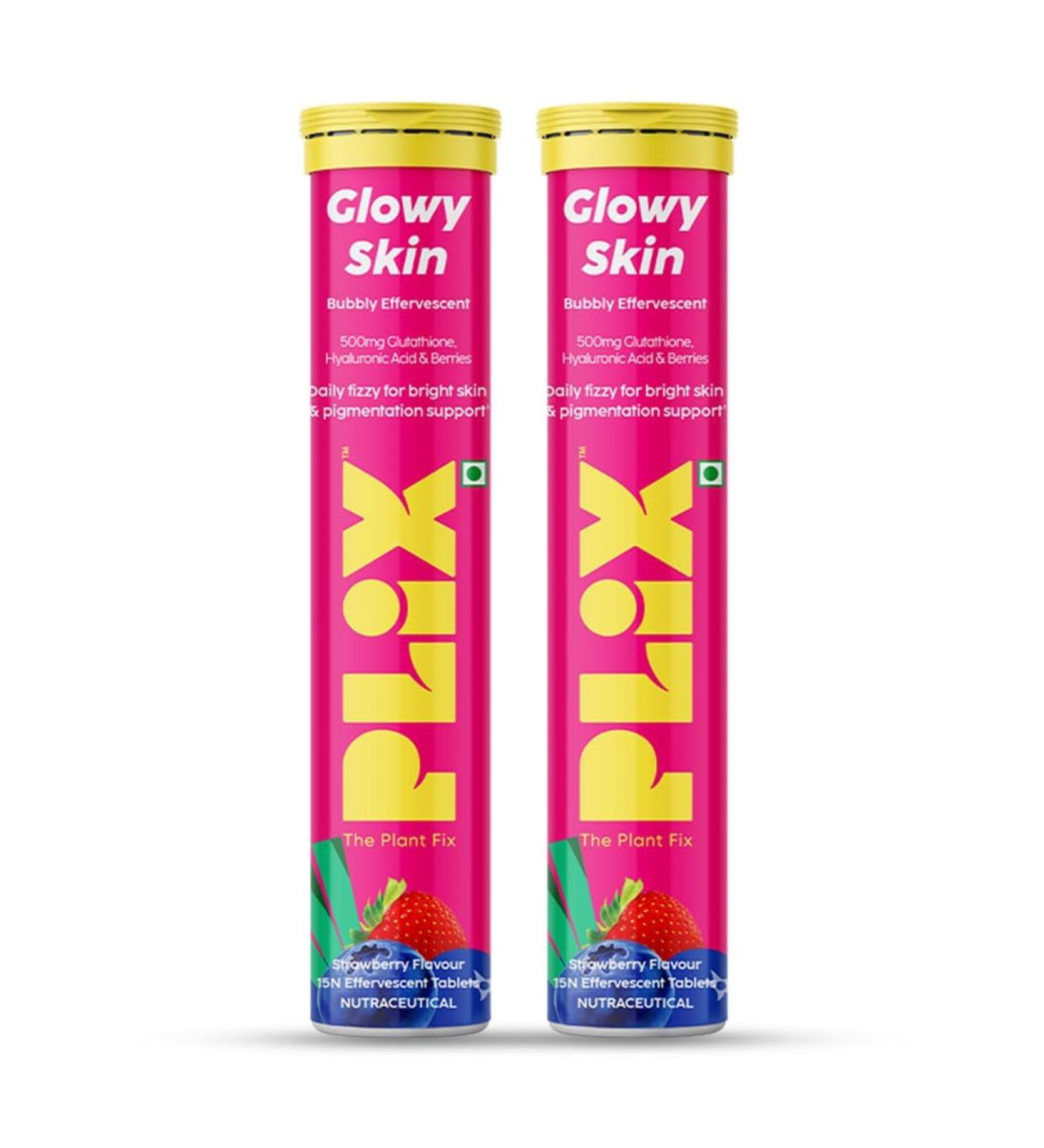 PL'IX - THE PLANT FIX Glutathione Tablets With Vitamin C For Clear And Youthful Skin (Pack Of 2 Strawberry) | 15 Collagen Supplements |500mg L-Glutathione Vegan Vitamin E And Hyaluronic Acid - Buy Online on GoSupps.com