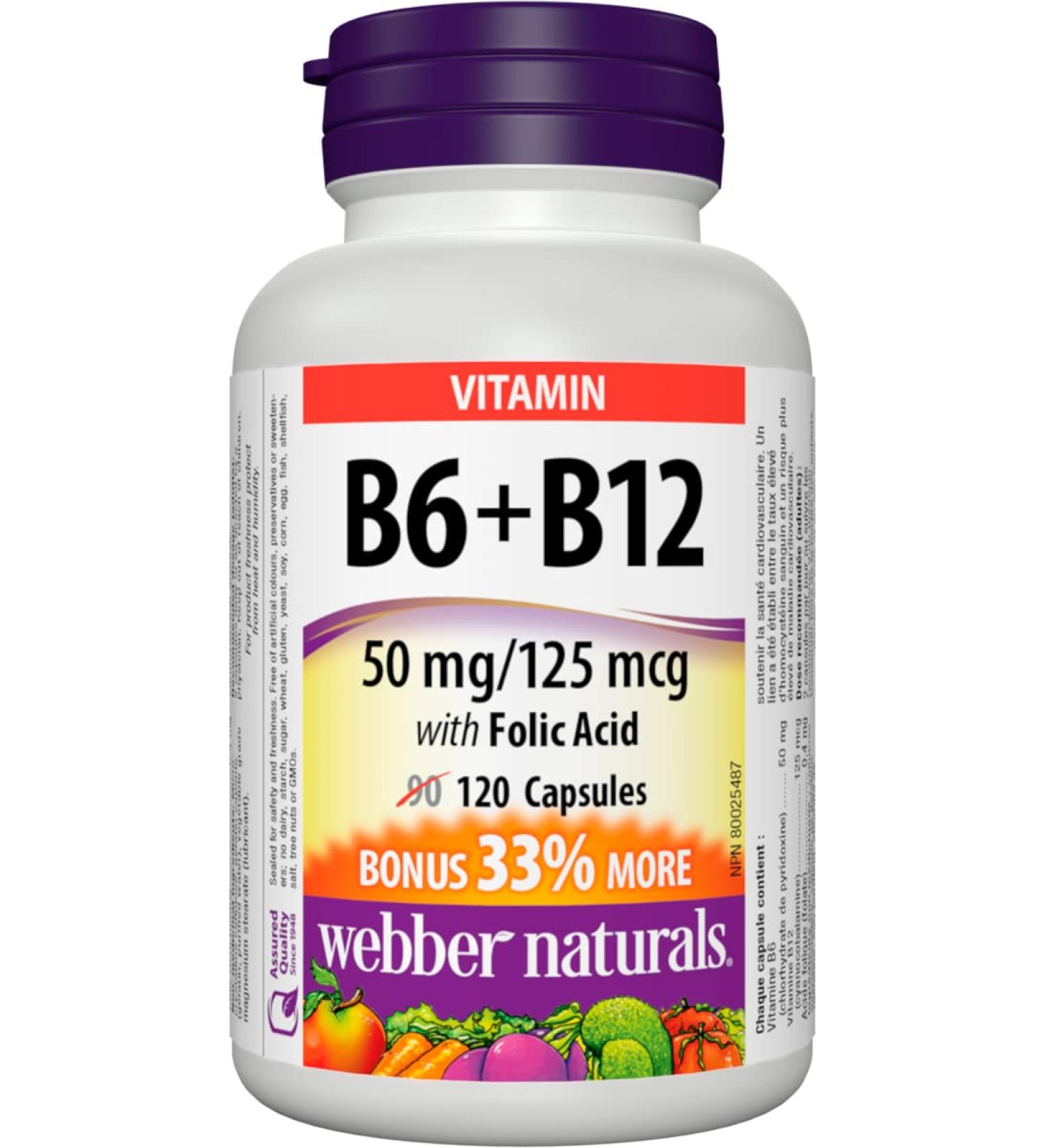 Webber Naturals Vitamin B6 + B12 with Folic Acid 120 Capsules - Buy Online on GoSupps.com