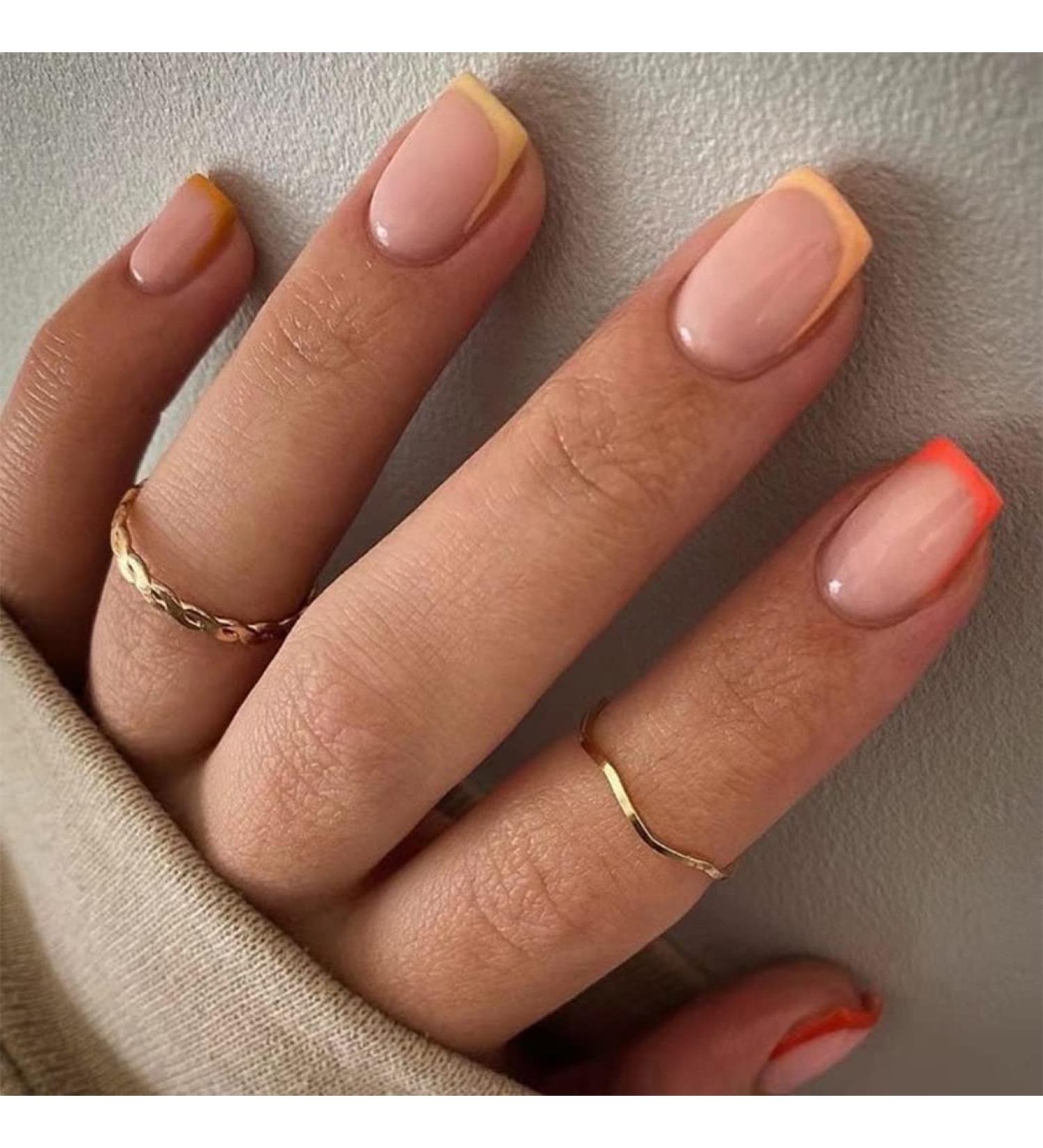 Sethexy Short Square False Nails - 24 Pcs Orange Red French Acrylic Press-On Nails for Women & Girls - Buy Online on GoSupps.com