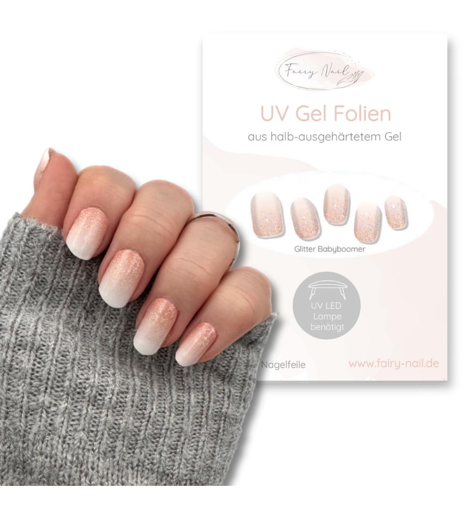 Fairy UV Nail Foils - Self-Adhesive Gel Wraps - 16 Glitter Baby Boomer Nail Strips for Easy Nail Art - Buy Online on GoSupps.com