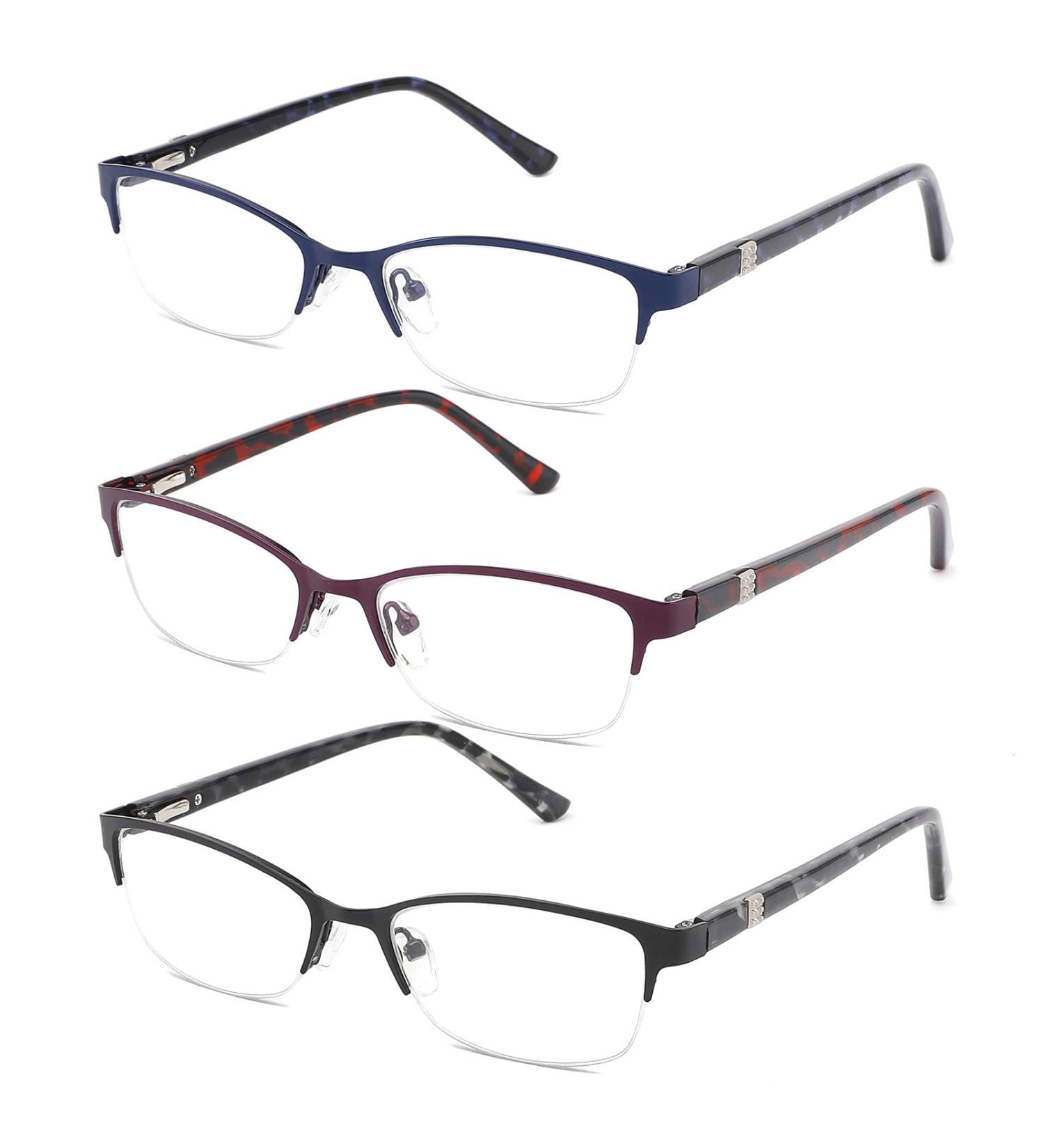 CRGATV 3-Pack Women's Blue Light Blocking Reading Glasses | Anti UV/Glare, Metal Half Frame Computer Readers (+2.5 Magnification) - Black Blue Red - Buy Online on GoSupps.com