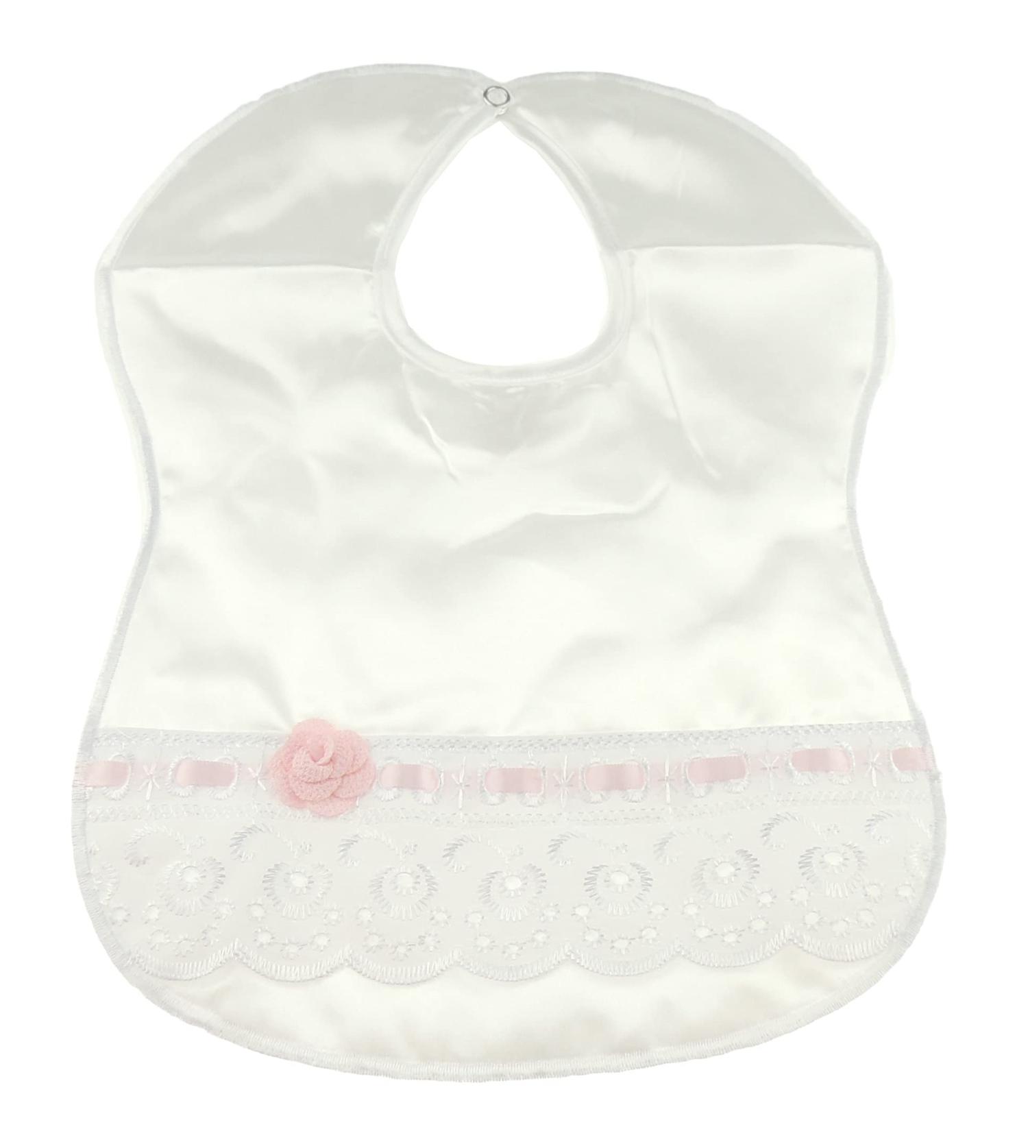 Glamour Girlz Baby Girls Boys Small Broderie Anglais Rose Satin Christening Day Bib Newborn - 6 Months White Pink