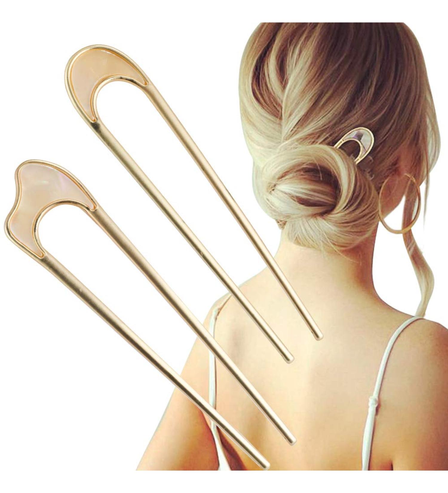 Vintage U-Shaped Hair Pins 2PCS - Style 1 C.Gold Color | French Hair Sticks for Chignon Hairstyles - Buy Online on GoSupps.com