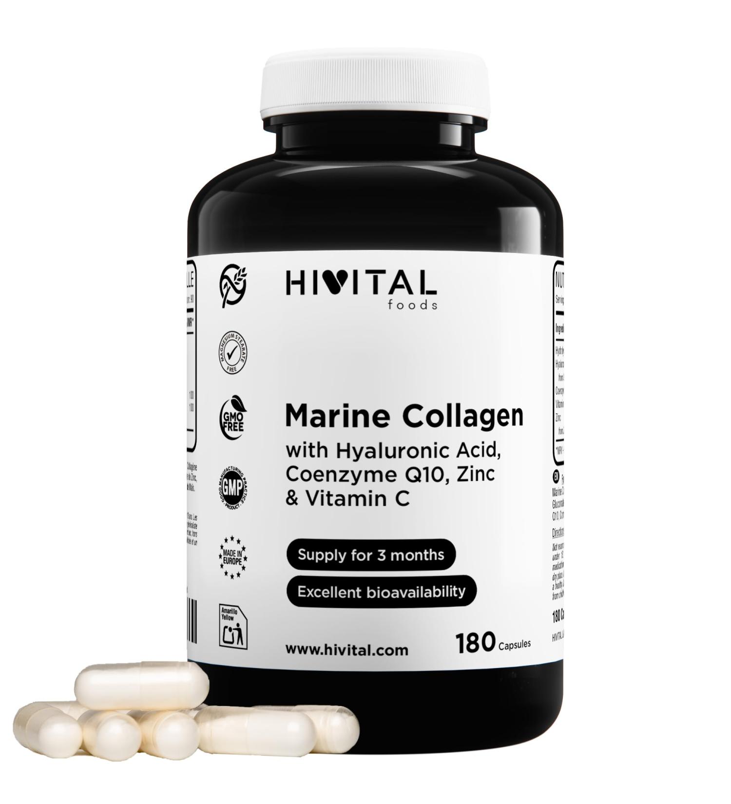 Collag ne Marin avec Acide Hyaluronique Coenzyme Q10 Vitamine C et Zinc. 180 g lules pour 3 mois de traitement. 900 mg de peptides de Collag ne Marin Hydrolys . Fabriqu en Europe par HIVITAL - Buy Online on GoSupps.com