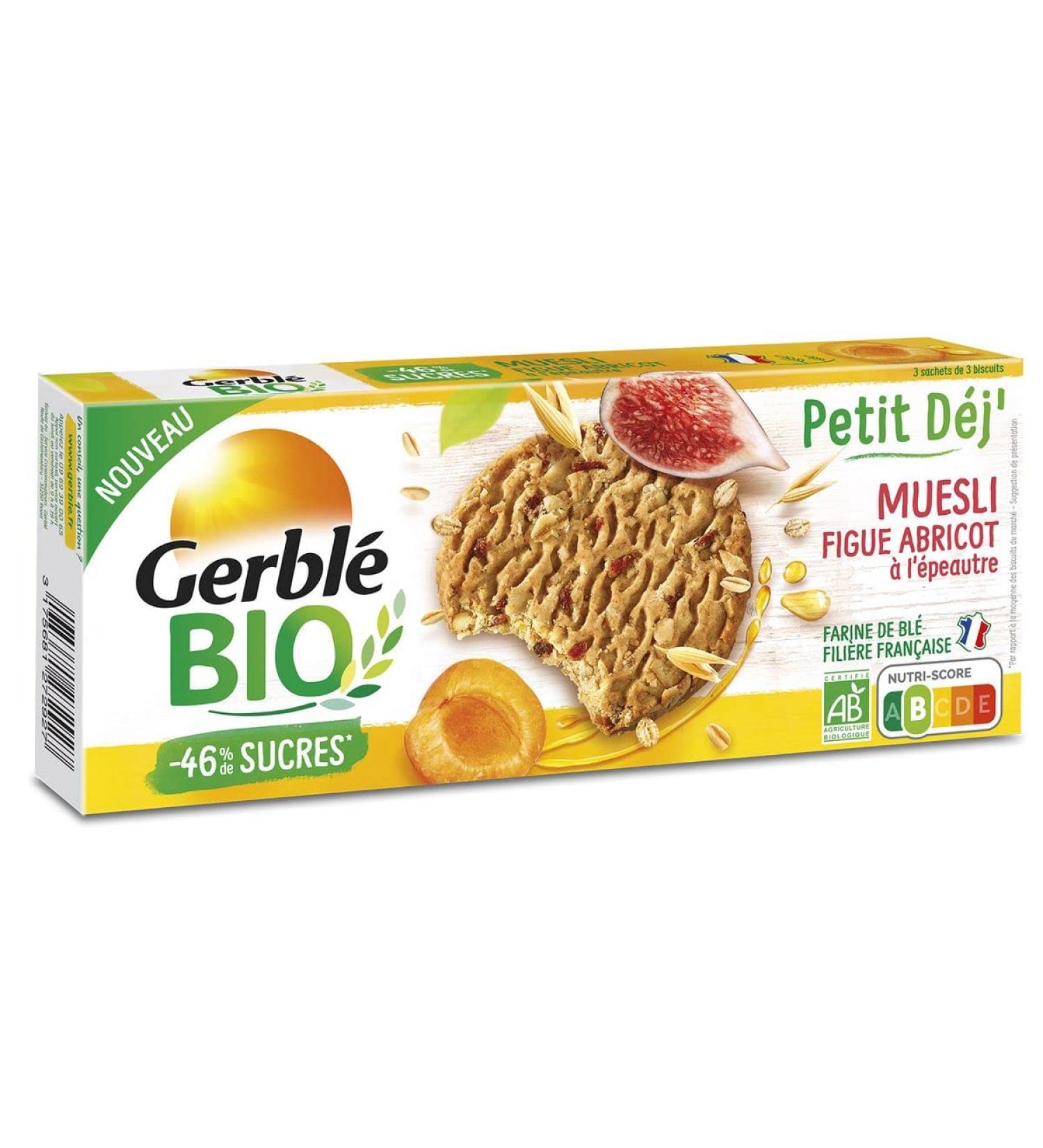 Pack of 6 units *** GERBLE BIO Fig apricot muesli biscuits with spelt 132g *** i.e. a box of 6 units ***