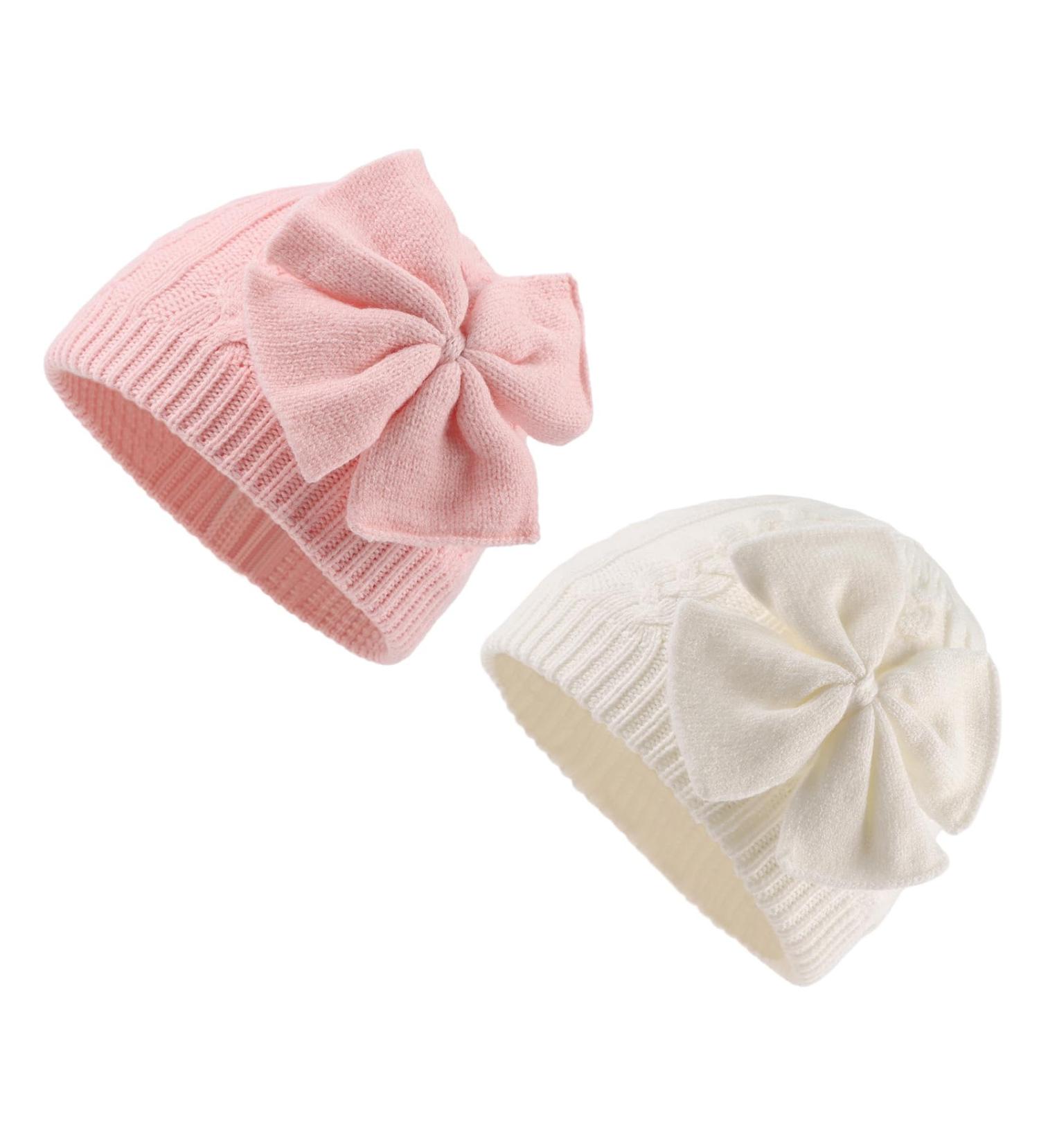 XIAOHAWANG Baby Girl Winter Hat - Cute Bow Knitted Beanie for Infant Girls 0-6 Months (White/Pink) - Buy Online on GoSupps.com