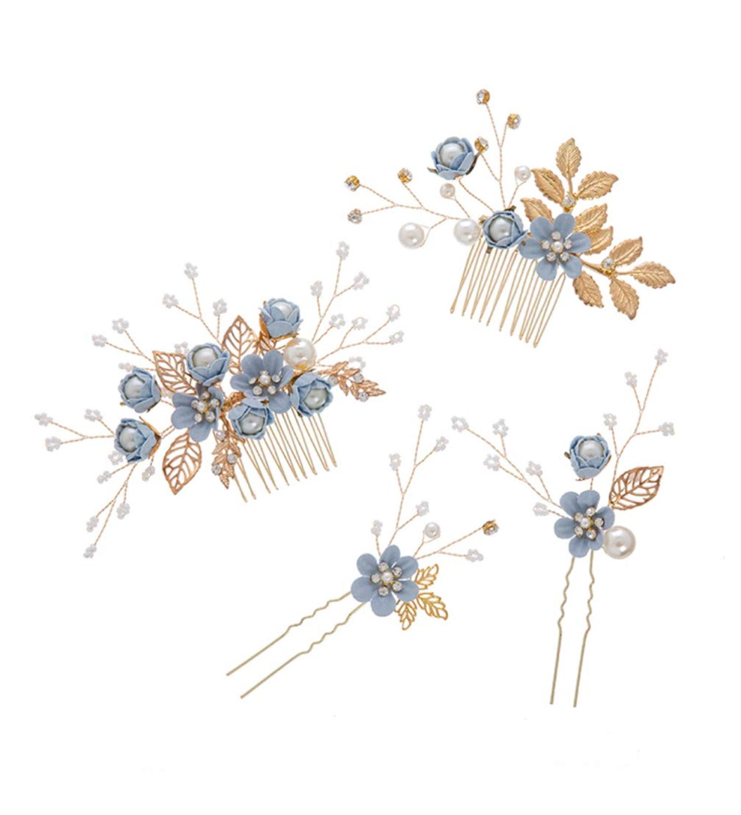 Toyvian Handmade Blue Floral Bridal Hair Comb Clip Set - Rhinestone Wedding Hair Accessories for Brides and Bridesmaids - Buy Online on GoSupps.com