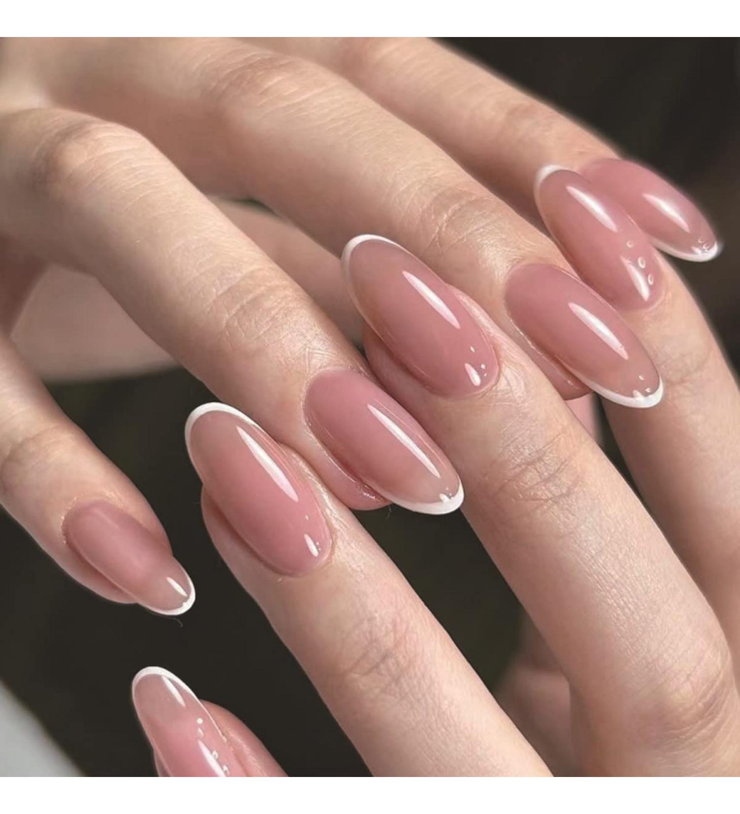 Justotry 24-Piece Pink Oval Press-On Nails | French Tip Almond Art Fake Nails for Women Short & Beautiful Artificial Fingernails - Buy Online on GoSupps.com