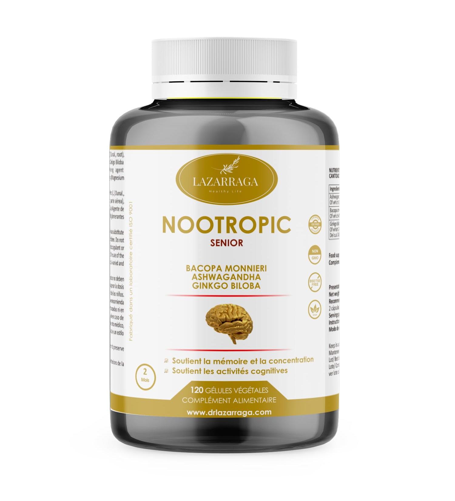 Lazarraga | Powerful Nootropic Senior Memory | Mental Agility & Focus | Ginko Biloba, Bacopa Monnieri, Ashwagandha | 120 Vegan Capsules | 2 Months