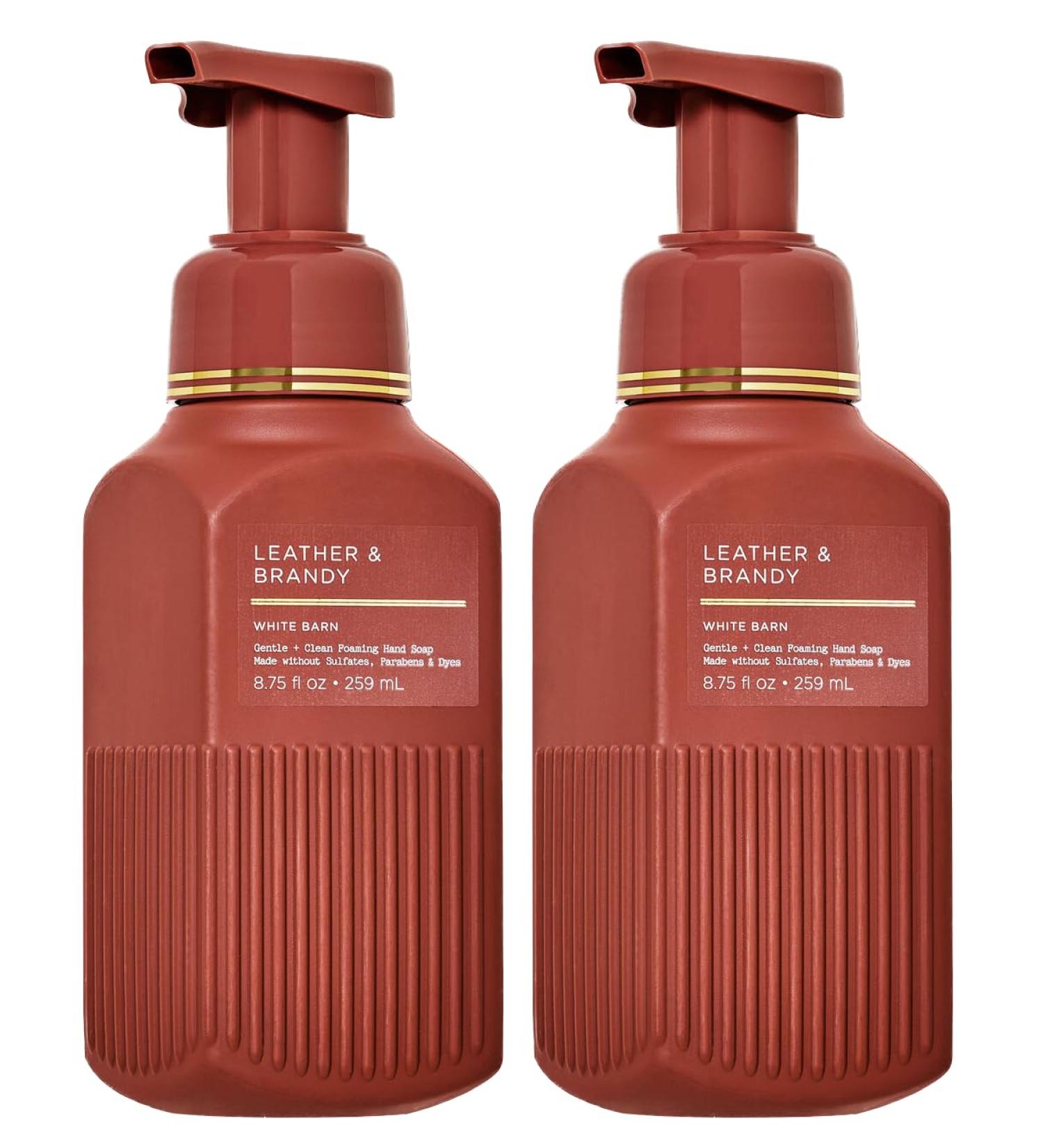 Leather and Brandy Foaming Men's Hand Soap - Warm Leather + Amber Woods + Aged Brandy - Set of 2 Bath and Body Leather and Brandy Scented Gentle Foam Soaps for Men (8.75 oz ea) Brown