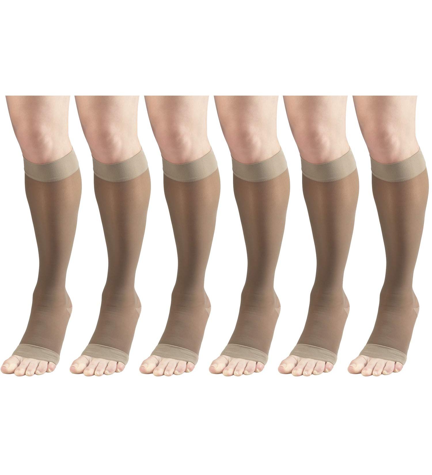 Shop Sheer Compression Stockings for Women | 15-20 mmHg Knee High Open Toe 20 Denier - Medium Taupe (6 Pairs) - International Shipping Available - Buy Online on GoSupps.com