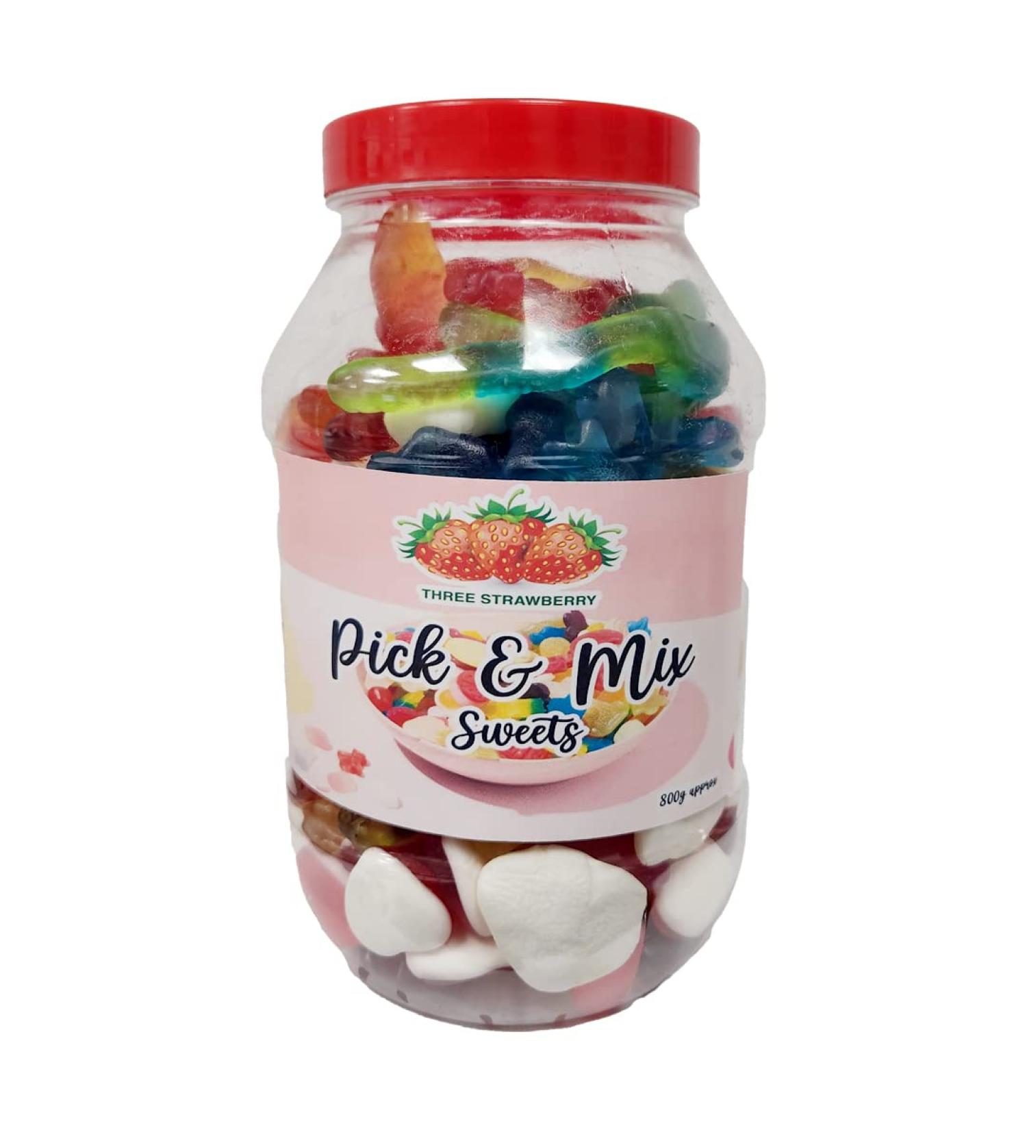 800g Pick & Mix - Random Sweet Mix - Three Strawberry Ltd. Pick n Mix - Pick and Mix Sweets for Valentines Birthday Easter Kids Thank You Congratulations and More