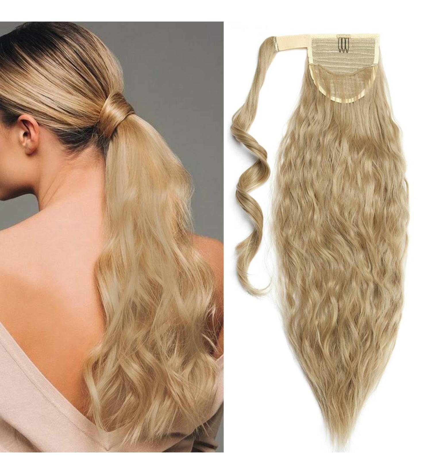 20 Inch Ash Blonde Synthetic Curly Wrap Around Ponytail Extension - Long Wavy Hairpiece for Magic Yaki Ponytail and Corn Wave Ponytail - Buy Online on GoSupps.com