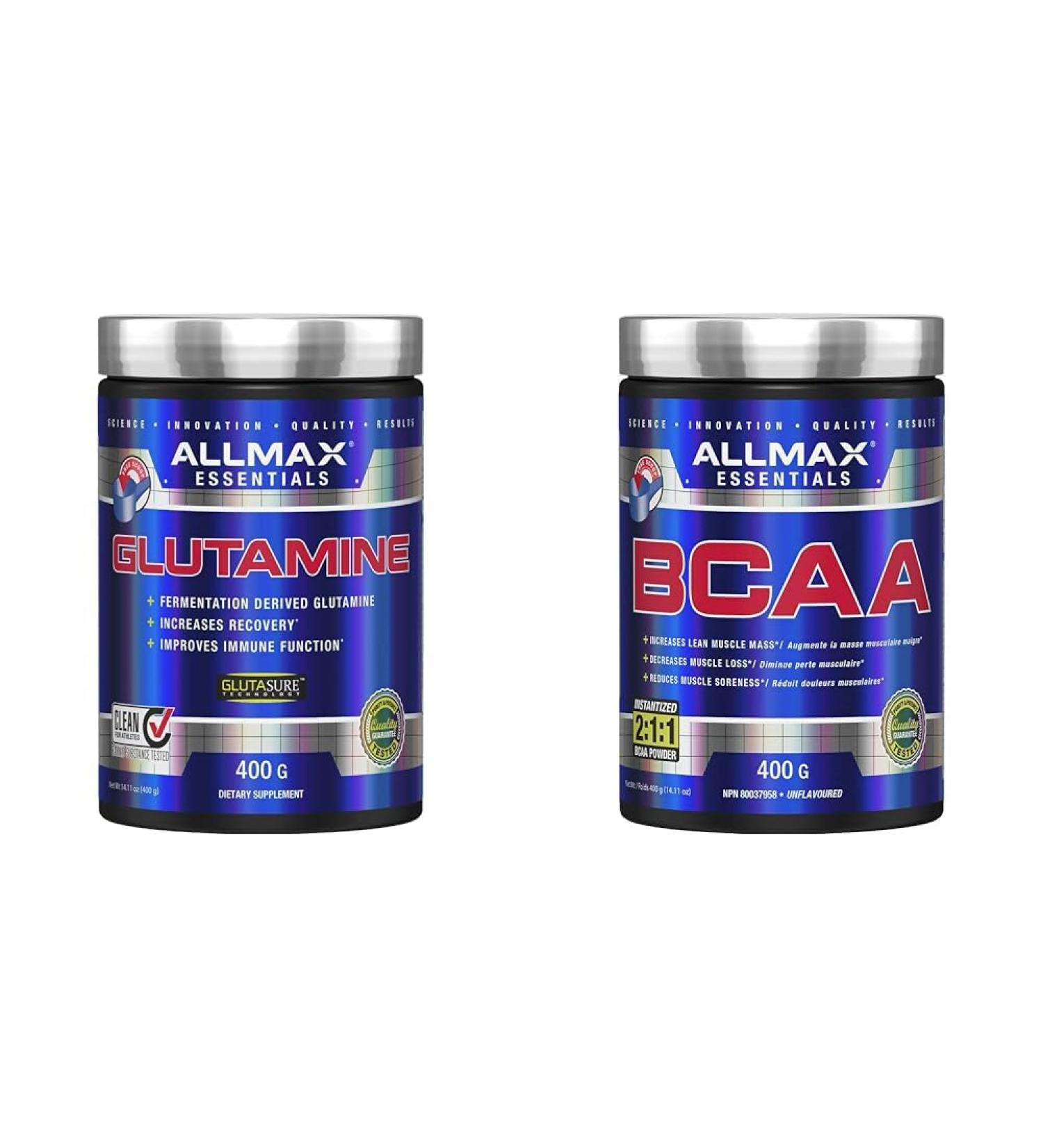 ALLMAX Nutrition - Glutamine Powder - 100% Pharmaceutical Grade - 400 Gram & BCAA 2:1:1-100% Pure Pharmaceutical Grade - Micronized Branched Chain Amino Acids - Gluten-Free 400 Gram - Buy Online on GoSupps.com