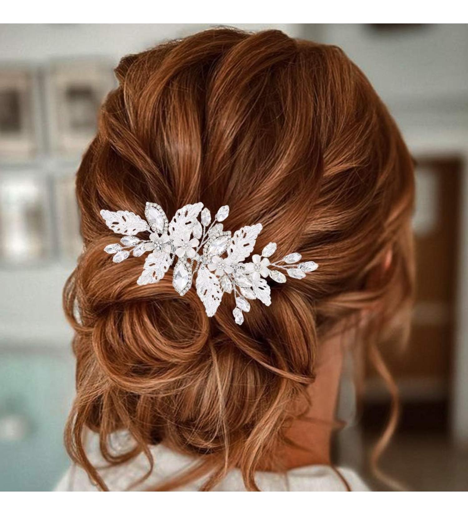 Zoestar Rhinestone Bride Wedding Hair Combs Silver Flower Headpiece Bridal Crystal Leaf Hair Accessories for Women and Girls - Buy Online on GoSupps.com