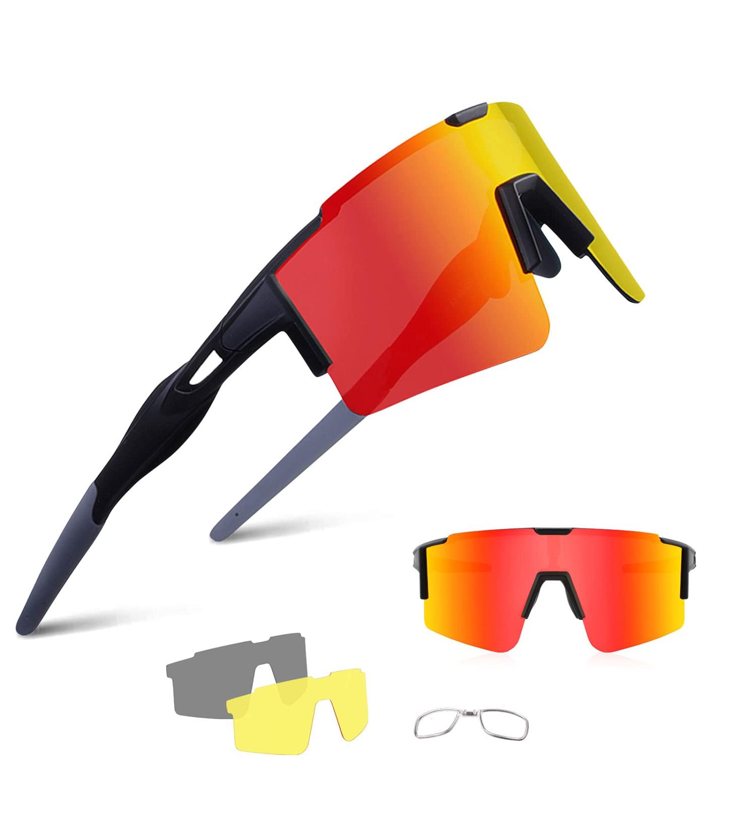 Banglong Polarized Sunglasses - Men's & Women's UV 400 Protection with 3 Interchangeable Lenses for Outdoor Sports Cycling Running & Golf - Black/Red - Buy Online on GoSupps.com