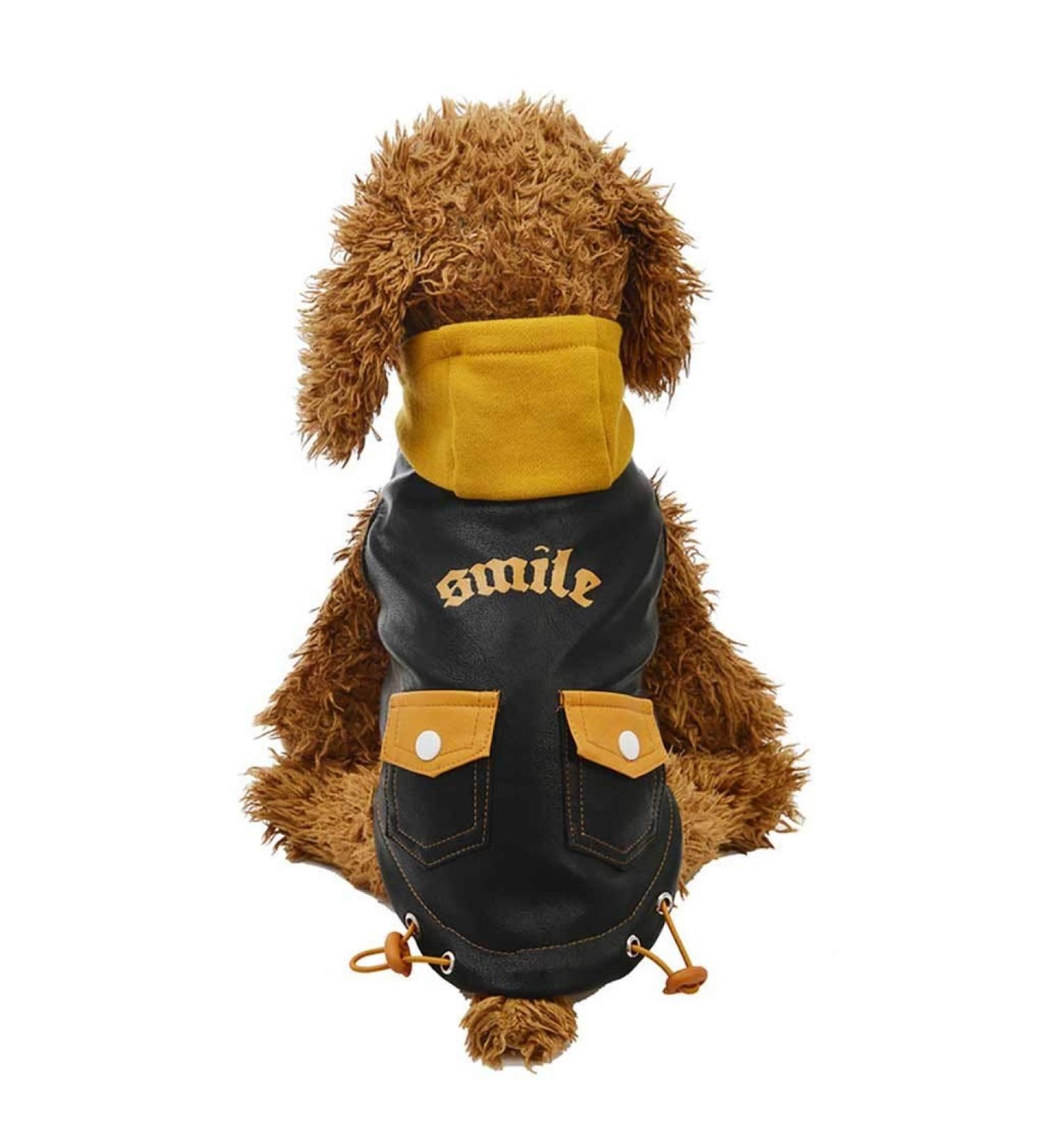 Waterproof Leather Dog Jacket for Women - Cool Hooded Sweatshirt with Smile Print for Pets | Warm & Stylish Cat & Dog Coat - Black M - Buy Online on GoSupps.com