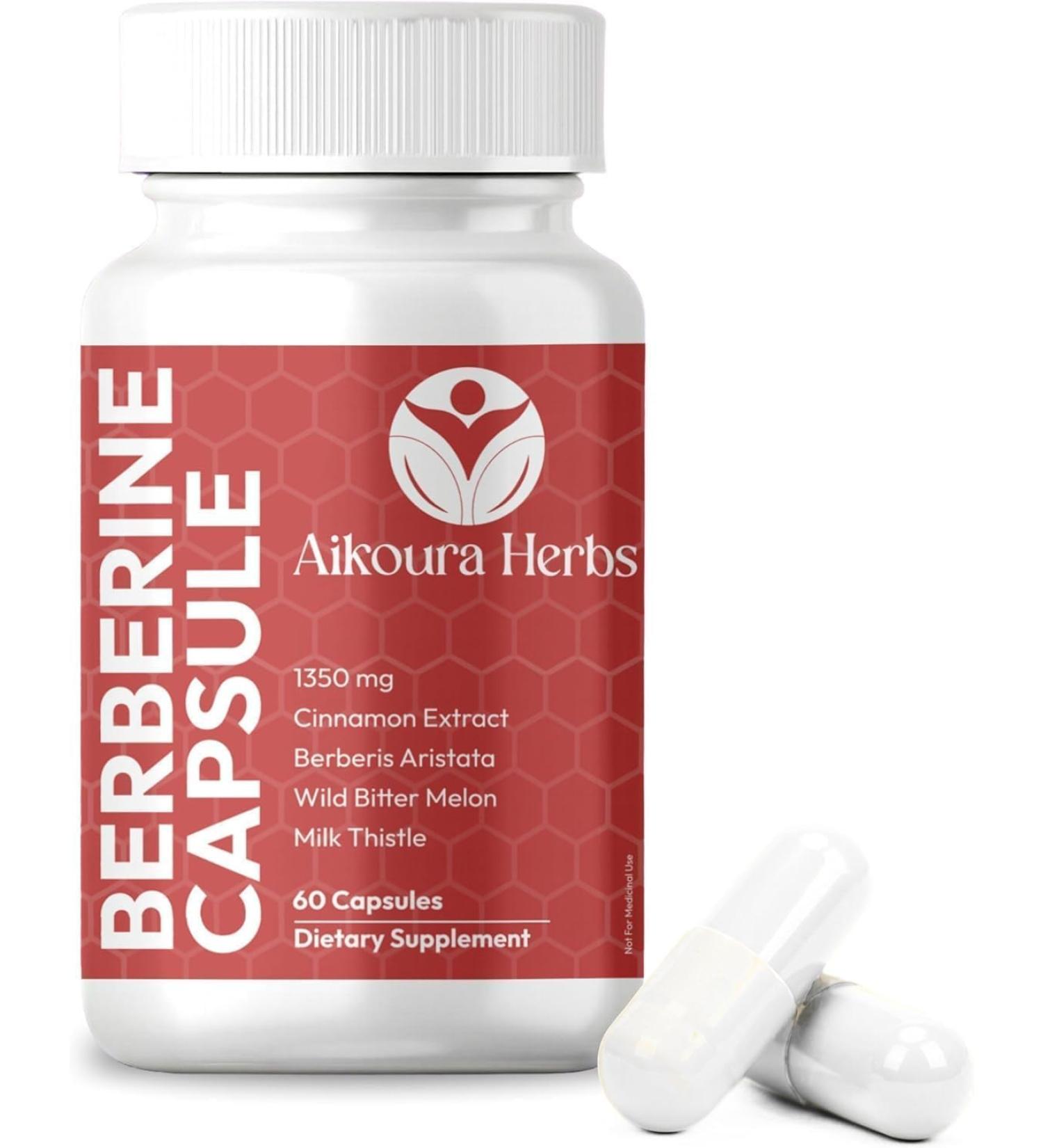 AIKOURA Berberine Capsules Herbal Blend with Cinnamon Milk Thistle Bitter Melon and Turmeric 1350mg 60 Veg Capsules - Buy Online on GoSupps.com