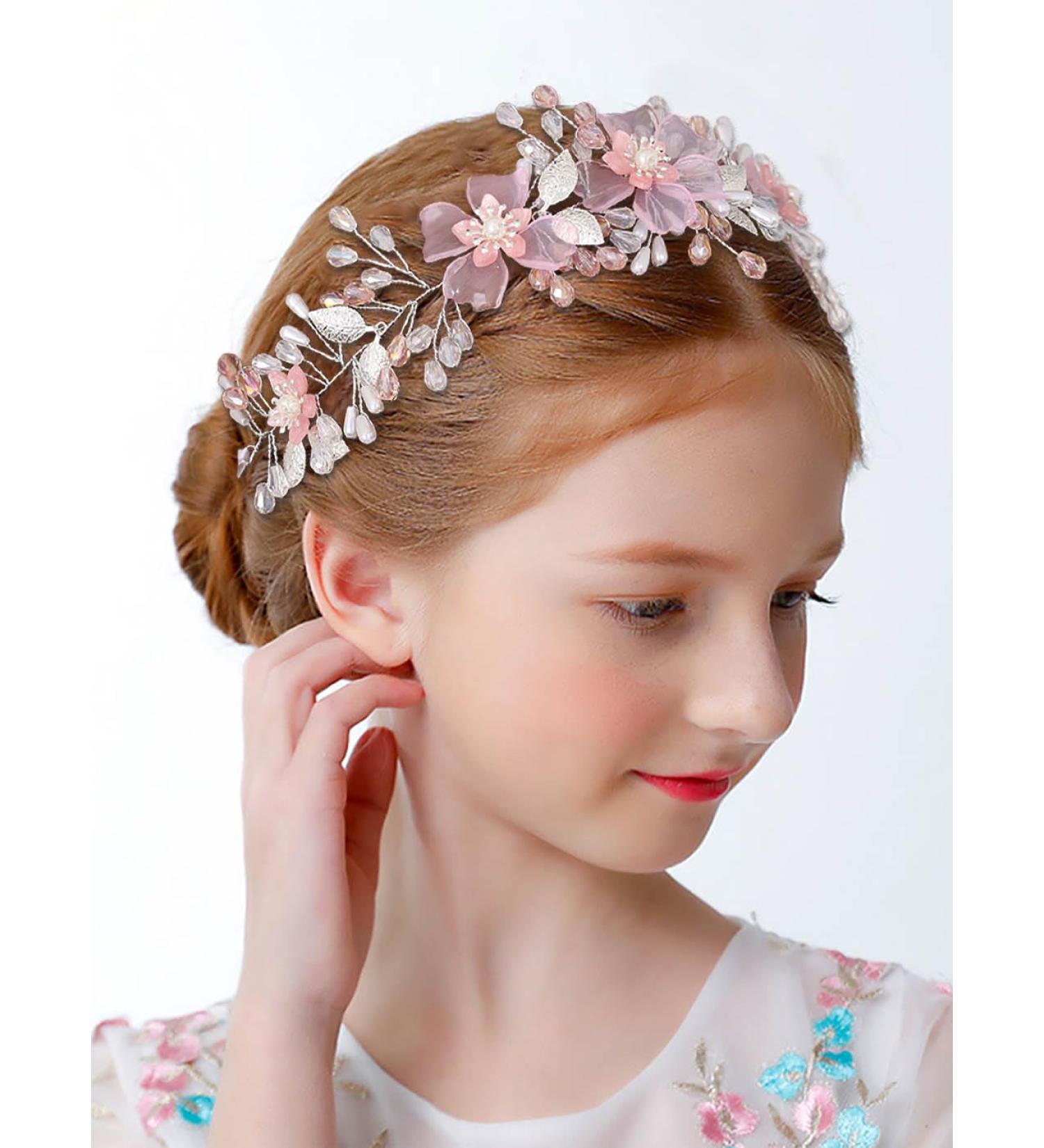 IYOU Flower Girl Headband Pink Floral Headpiece Pearl Leafs Commmunion Hair Vines Bridal Wedding Hair Accessories for Girls - Buy Online on GoSupps.com