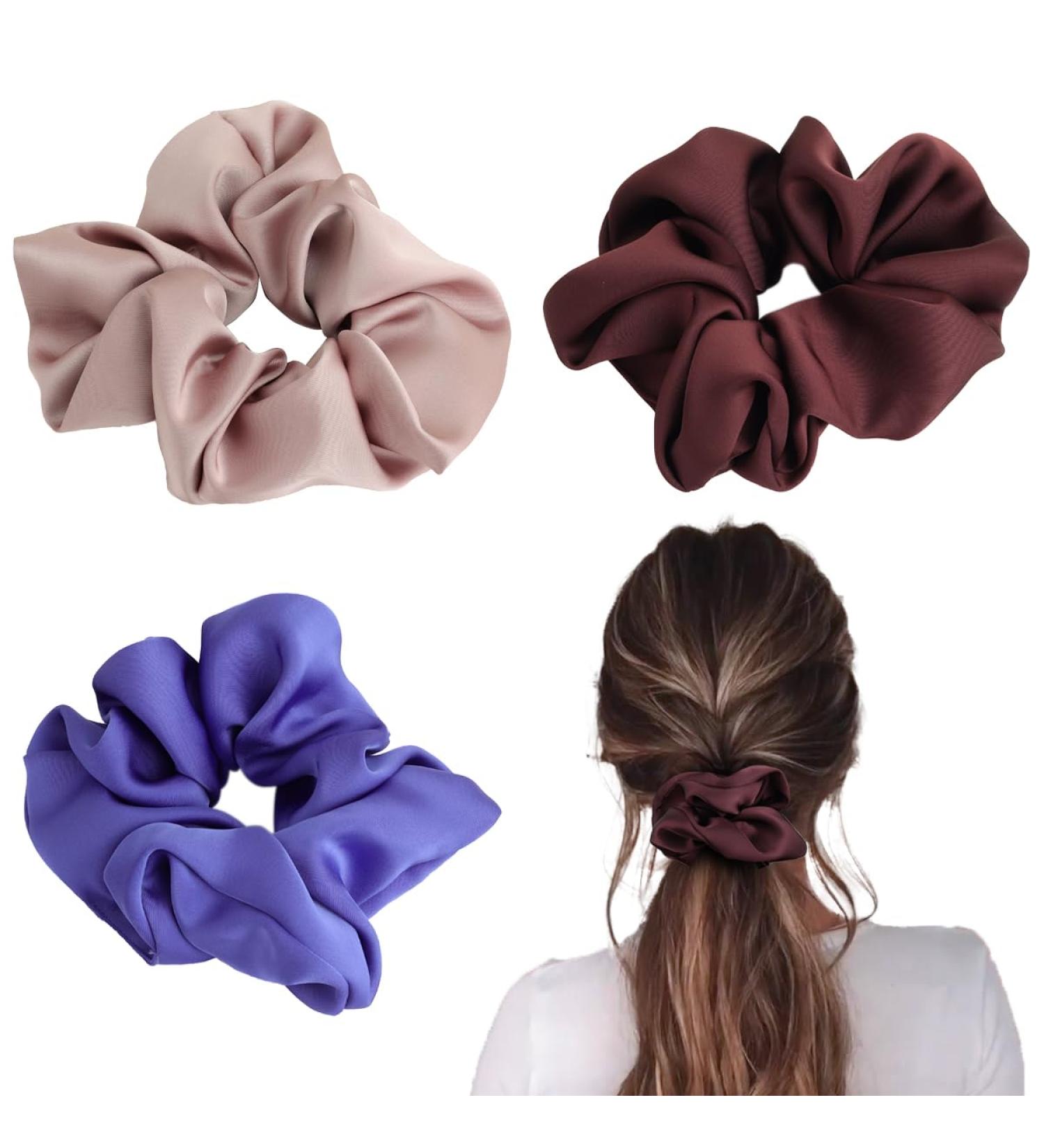 SXQLYH Thick Satin Hair Bobbles Scrunchies for Women 3 Colours 13 cm Large Hair Scrunchie Soft Elastic Ponytail Holder Silky Premium Satin Scrunchie for Long Thick Curly Hair Girls (D) - Buy Online on GoSupps.com