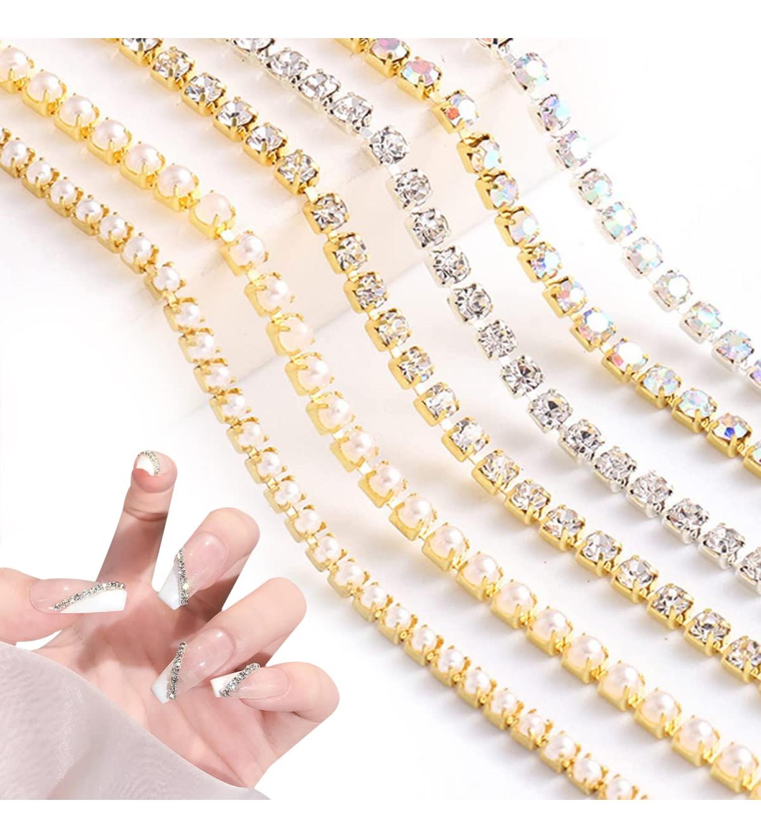 Nail Art Chains 6 Strips Gold Silver Rhinestone Pearl Metal Chains Nail Art Charms Punk Nail Decorations Nail Art Studs for Women Girls Manicure Design DIY Crafts - Buy Online on GoSupps.com