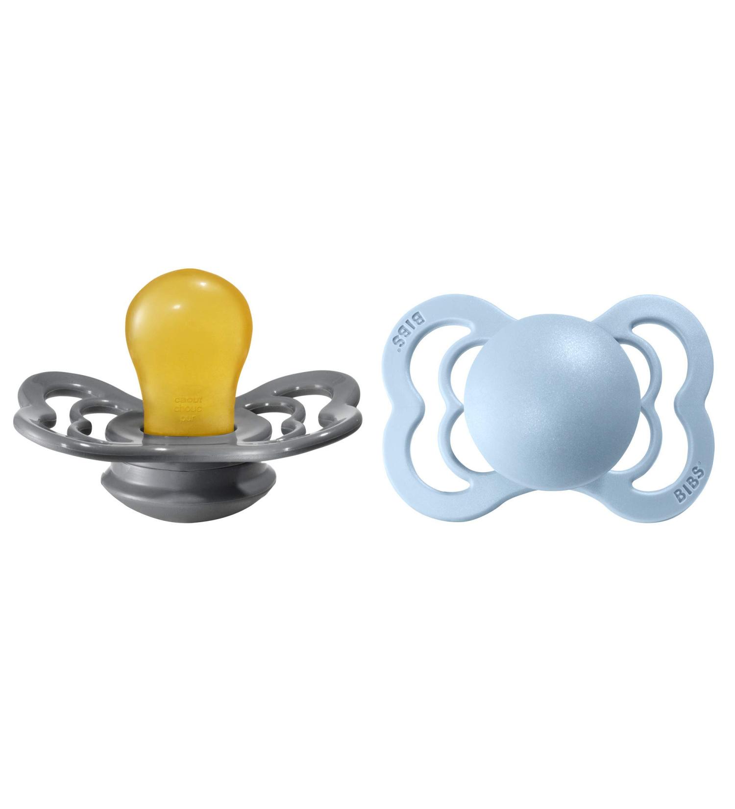 BIBS Supreme Baby Pacifier 2-Pack | Made in Denmark | BPA-Free Soother | Natural Rubber Latex | Size 1 (0-6 Months) | Iron/Baby Blue - Buy Online on GoSupps.com