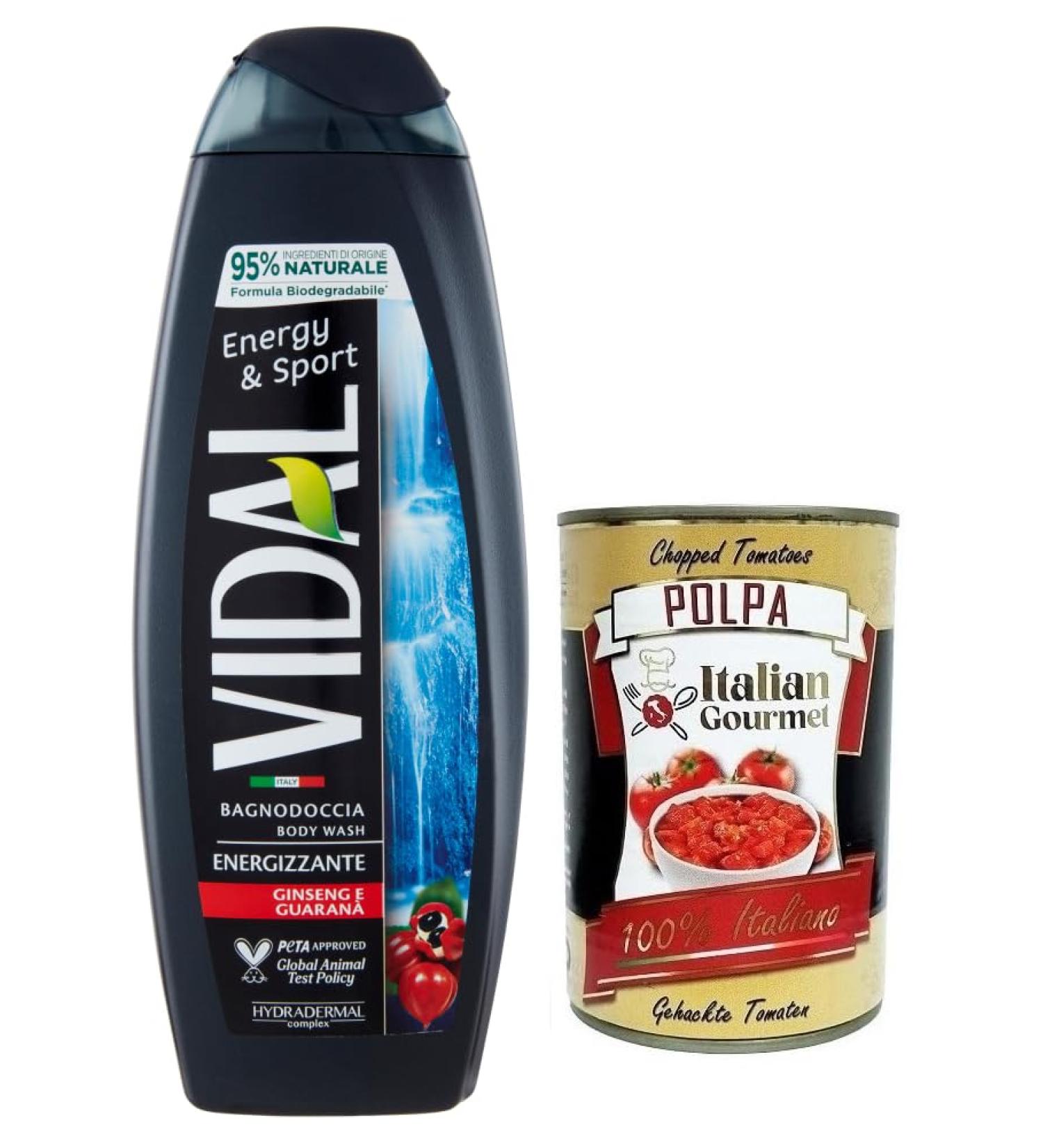 Italian Gourmet E.R. Vidal Energy & Sport Shower Gel with Ginseng and Guarana 500 ml + Italian Gourmet Tomato Pulp 400 g - Buy Online on GoSupps.com