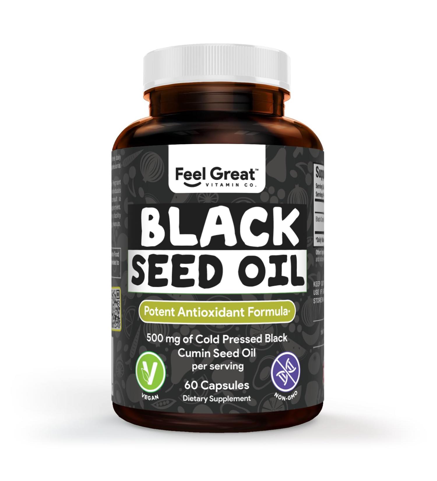 Feel Great Vitamins Black Seed Oil Softgels Cold-Pressed Nigella Sativa with Vitamin E 500mg 60 Vegan Capsules Non-GMO Made in USA - Buy Online on GoSupps.com