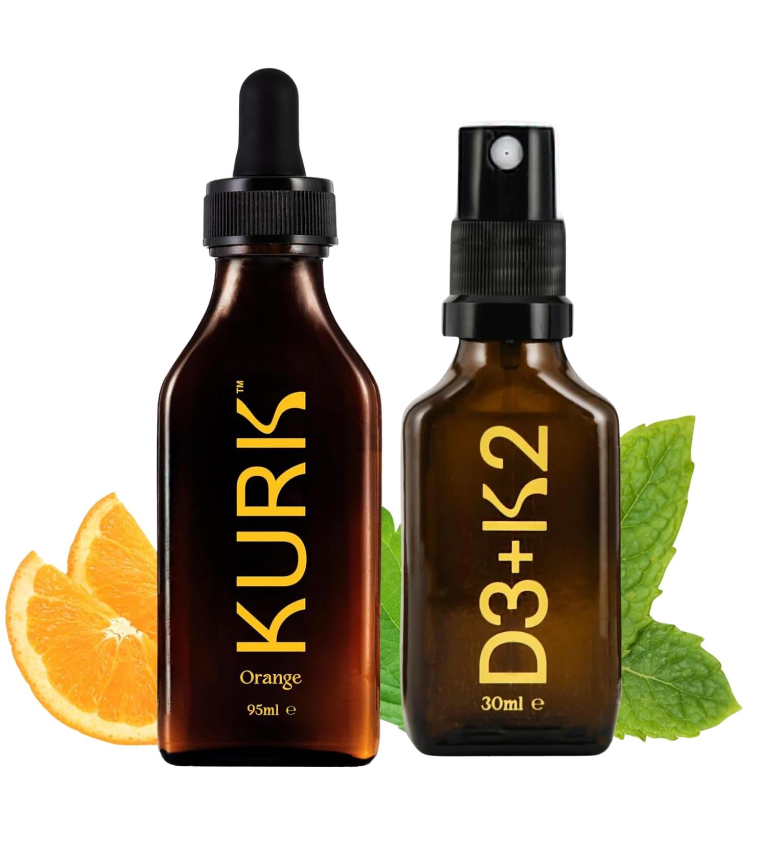 High Strength Liquid Curcumin Oil from Turmeric (Orange 3.2 Fl Oz) and Vitamin D3 K2 Oral Spray (Peppermint 1 Fl Oz) Bundle - Buy Online on GoSupps.com