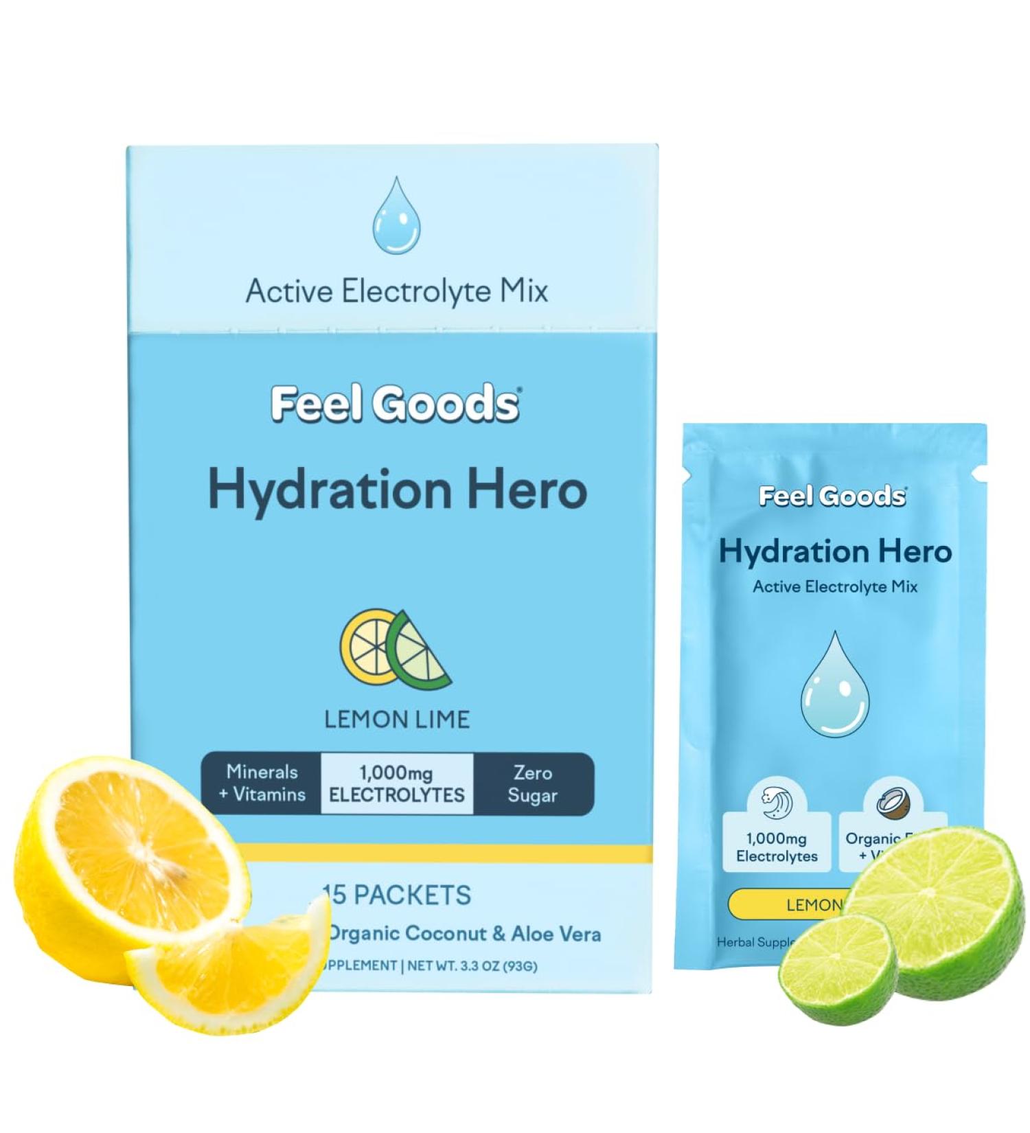 Feel Goods Hydration Hero Electrolytes Powder - Sugar Free Organic Coconut Water Keto & Vegan - 15 Count Lemon Lime Packets for On-the-Go Hydration - Buy Online on GoSupps.com