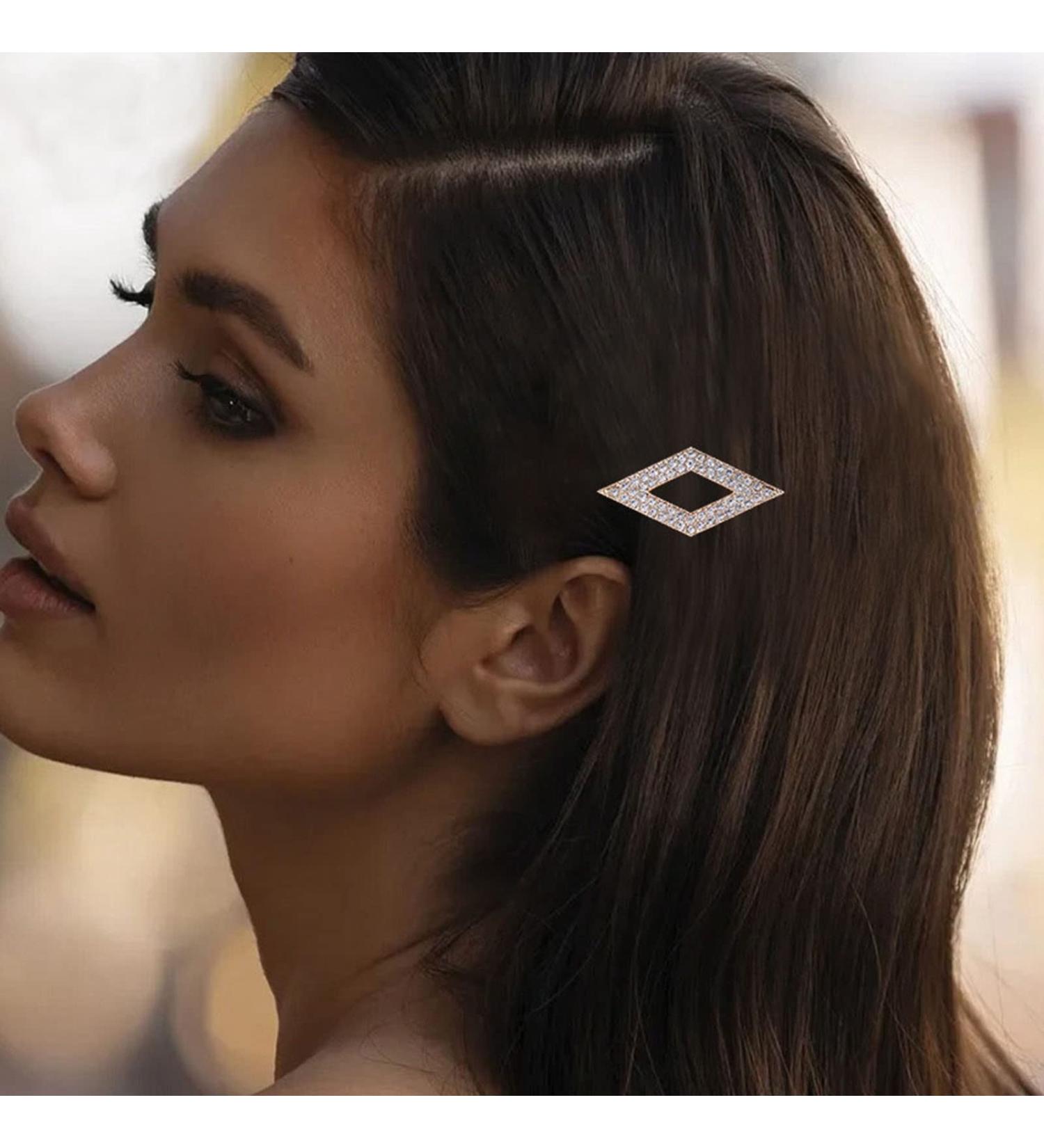 Aneneiceera Crystal Hair Clip Gold Hair Barrette One word Clip Rhinestones Hair Pin Hollow Out Rhombic Headpieces Decorative Hair Pins Headwear Bride Hair Accessories for Women and Girls(Rhombic) - Buy Online on GoSupps.com