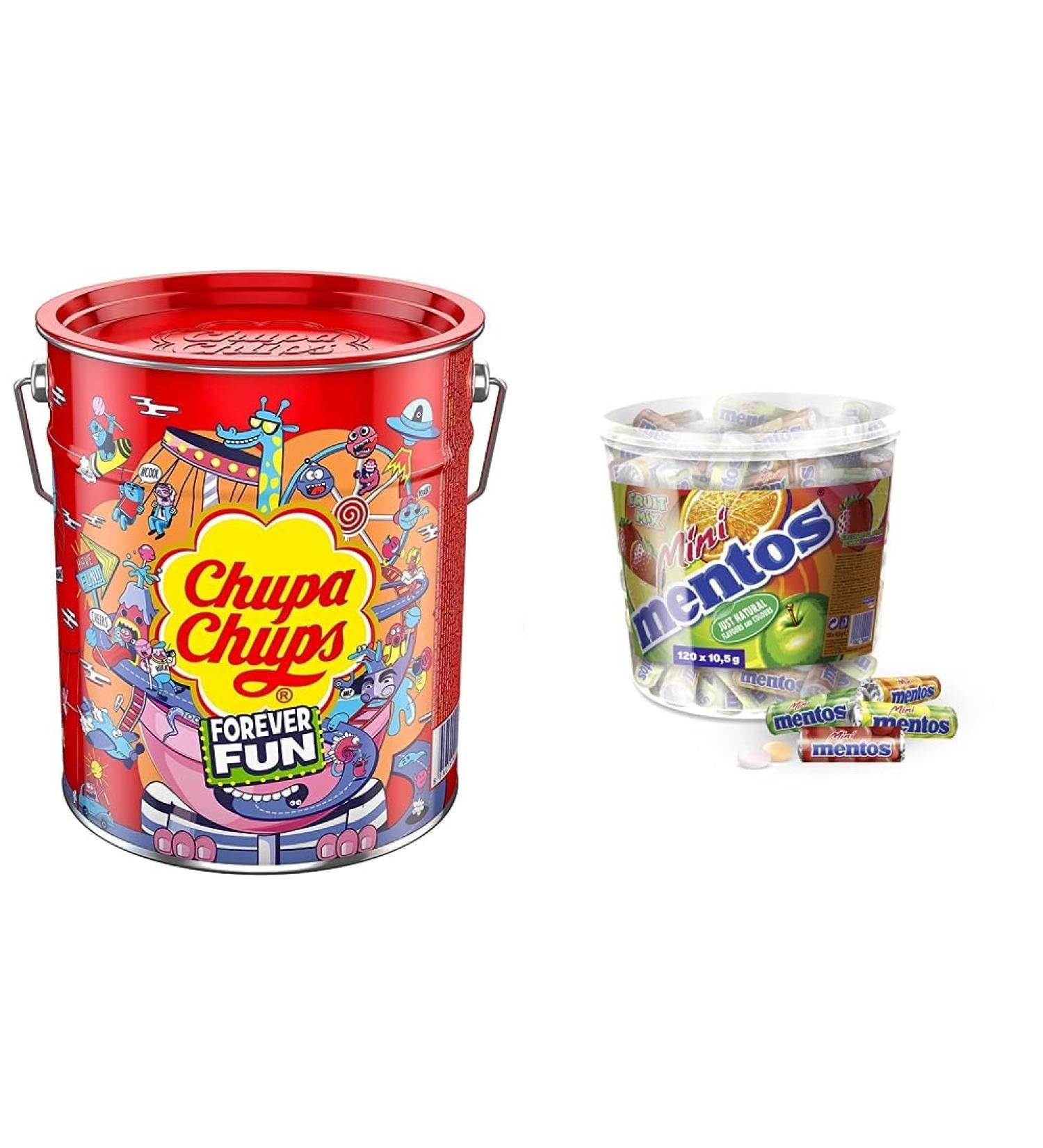 Chupa Chups Lollipop Bucket 150 pcs - 5 Flavors & Mentos Mini Fruit Mix 120 Rolls Bundle | International Shipping Available - Buy Online on GoSupps.com