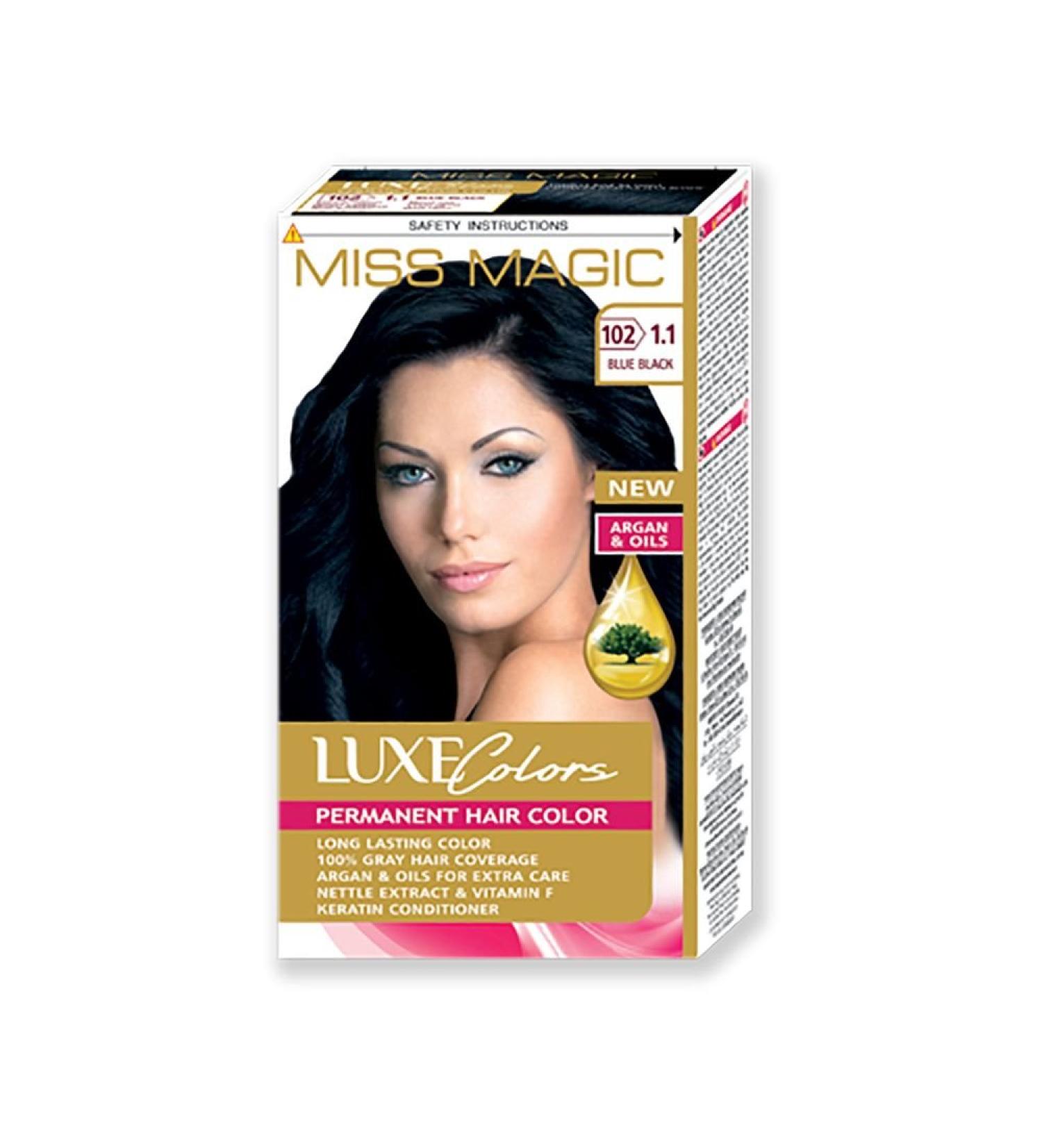 Miss Magic Luxe Black/Blue Hair Dye with Argan Permanent 100% White Hair Coverage Natural For Black-Blue Hair Nourishing 40g