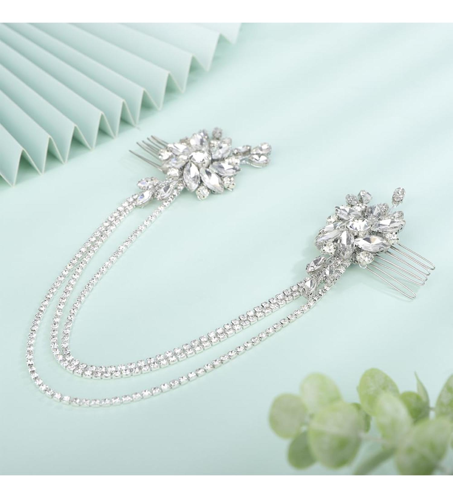 Kercisbeauty Silver Crystal Beads Hair Combs with Tennis Chain Headband Rhinestones Hair Jewelry for Wedding Brides Prom Banquet Hair Styling Hair Accessories - Buy Online on GoSupps.com