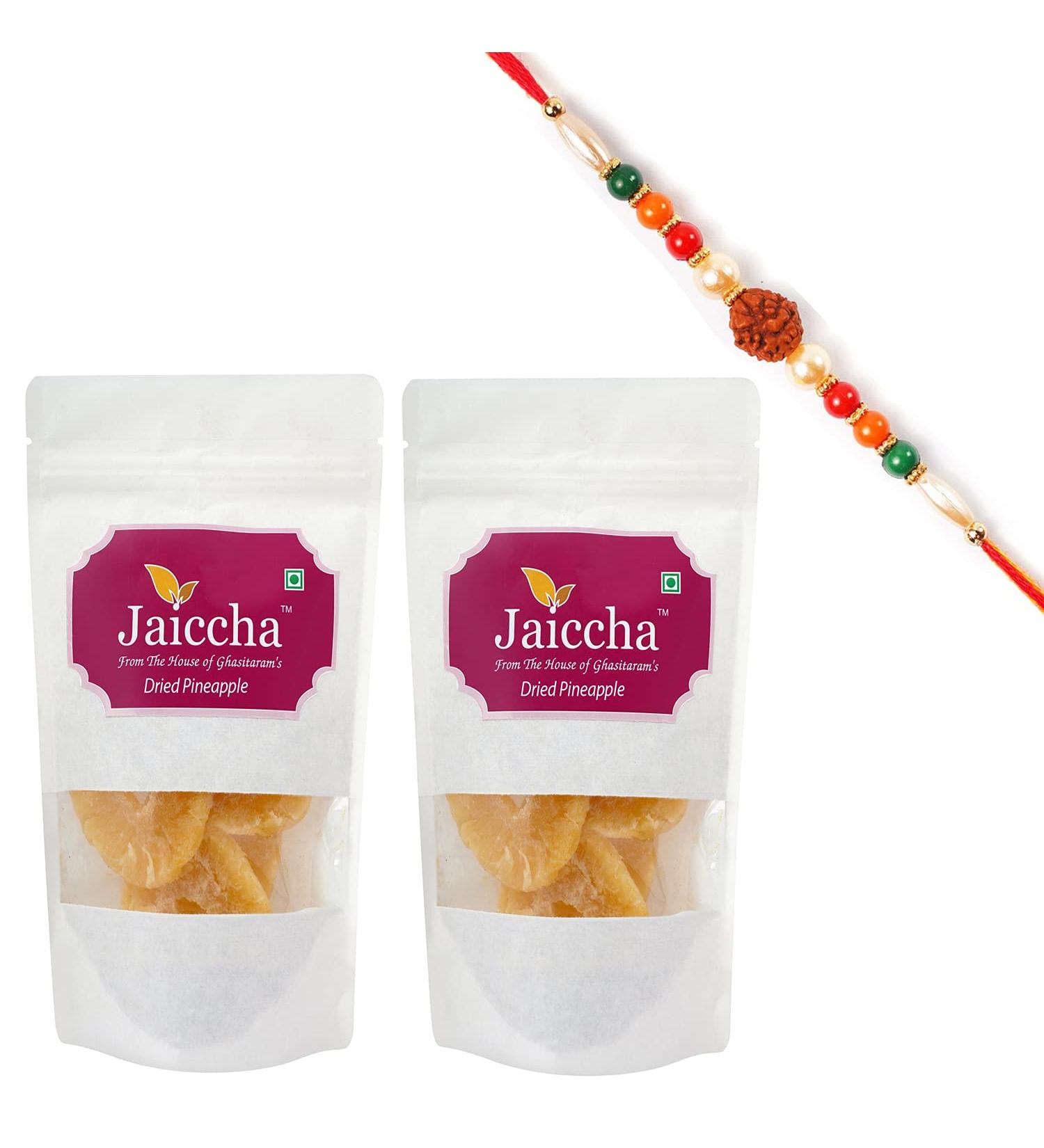 Jaiccha Ghasitaram Rakhi Gifts for Brothers Rakhi Dryfruits - Dried Pineapple 400 GMS in White Paper Pouch with Rudraksh Rakhi - Buy Online on GoSupps.com