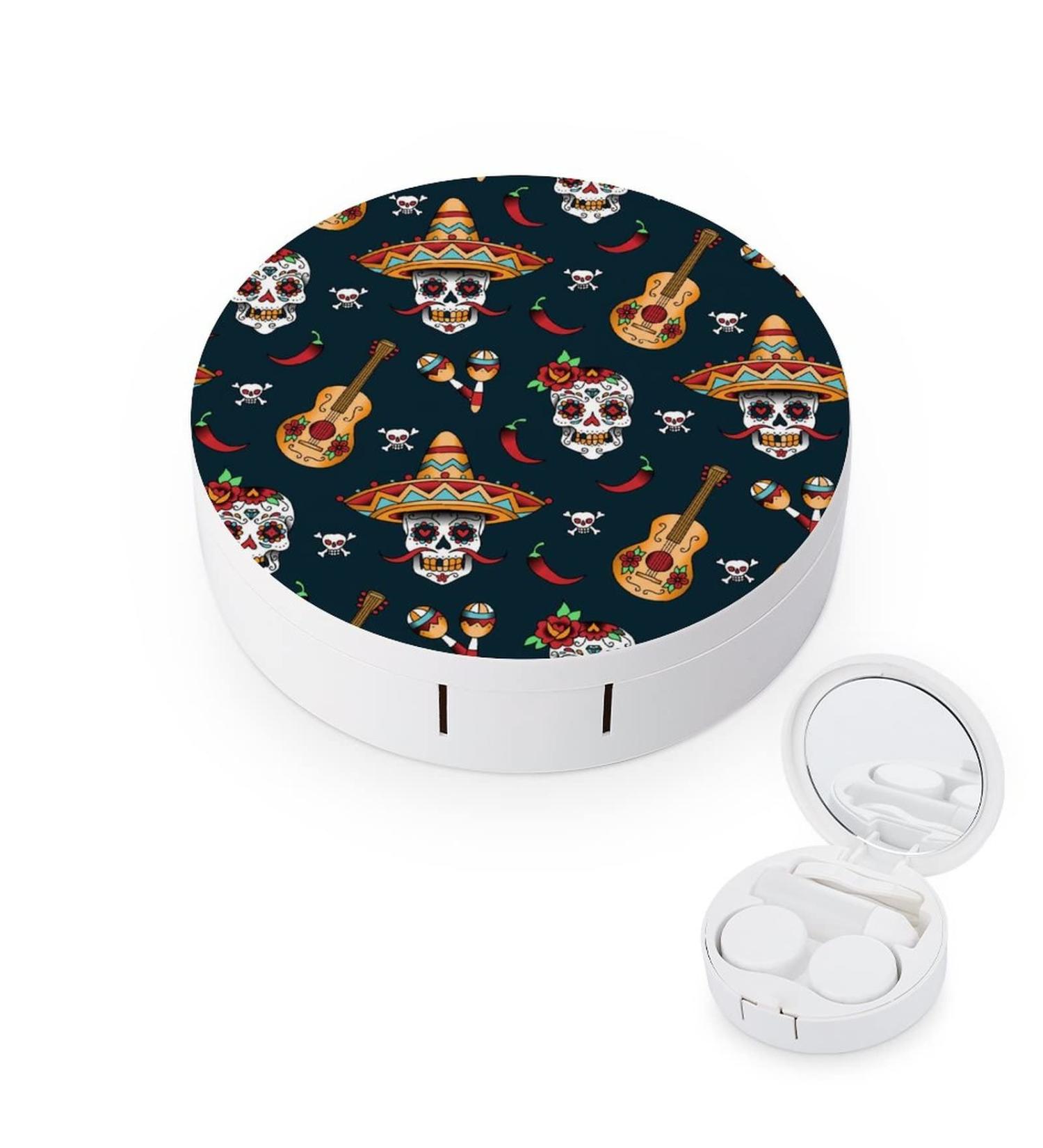 Mexican Sugar Skulls Chili Round Case For Contact Lens Kit Storage Box with Mirror Printed - Buy Online on GoSupps.com