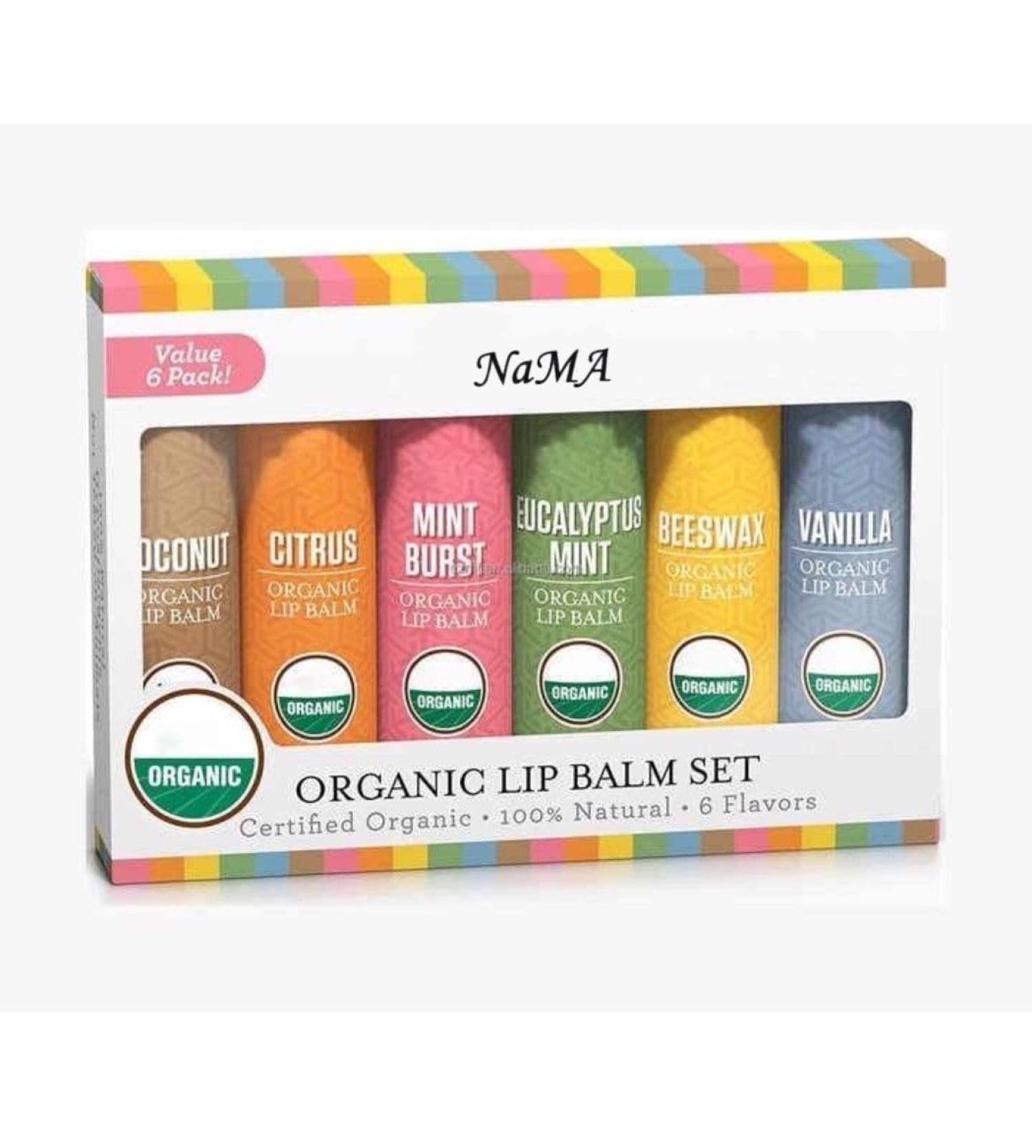NaMa 100% Natural Organic Lip Balm Set Moisturize long lasting hydrate lip care 6 flavours Vanilla Beeswax Coconut Citrus Strawberry Mint Burst perfect for travel use pocket purse size - Buy Online on GoSupps.com