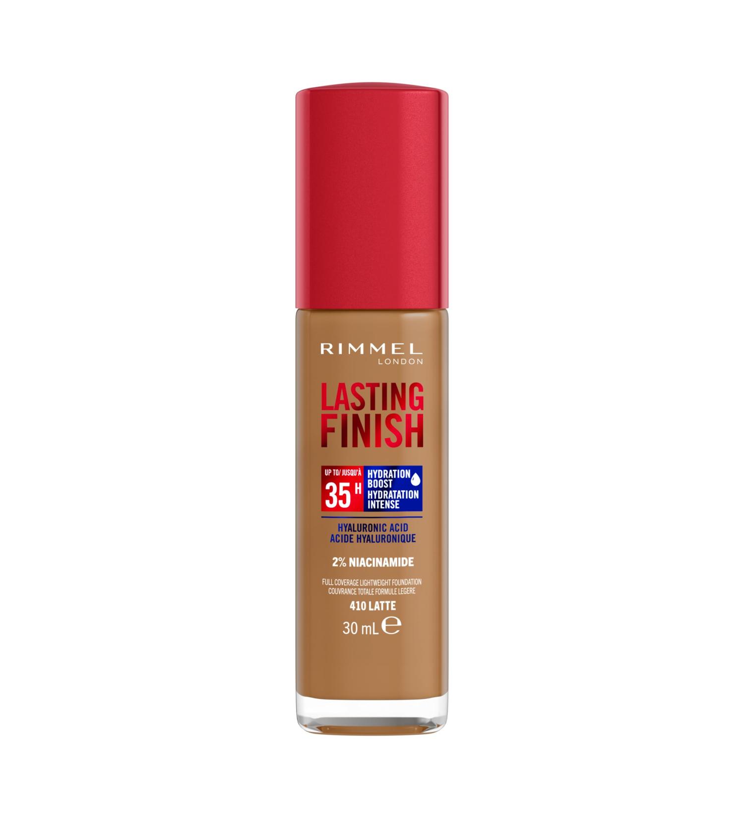 Rimmel London - Lasting Finish 35 Hour Foundation Long-Wearing Hydrating Vegan Formula Full-Coverage - Latte 1 count (Pack of 1) Latte - 410 - Buy Online on GoSupps.com