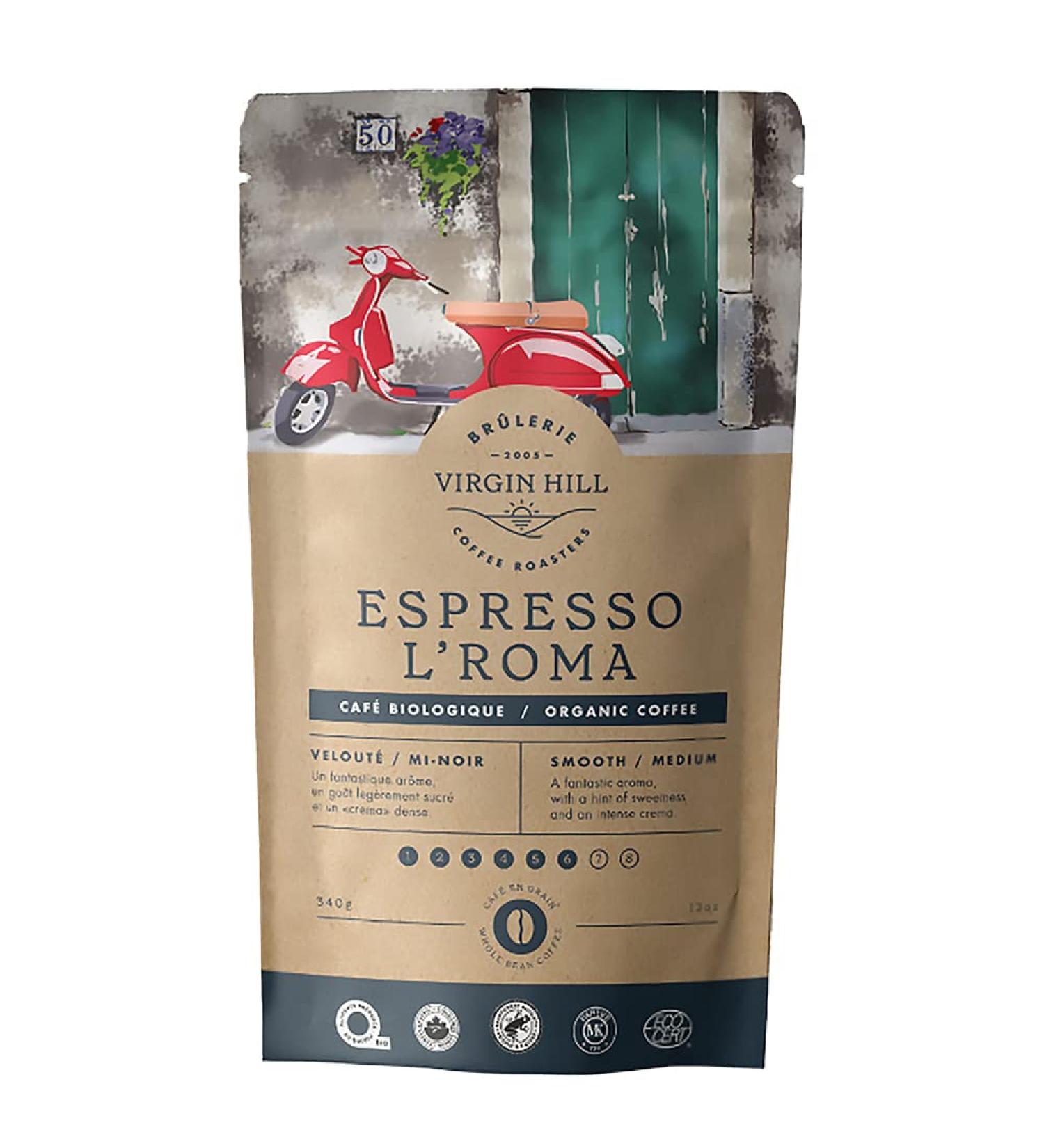 Virgin Hill Coffee - Organic Espresso L'Roma - Smooth Intensity & Medium Roast - Three Quarters of a Pound of High-Grade Coffee Beans - 12oz / 340 grams Whole Bean 12oz. / 340 grams - Buy Online on GoSupps.com