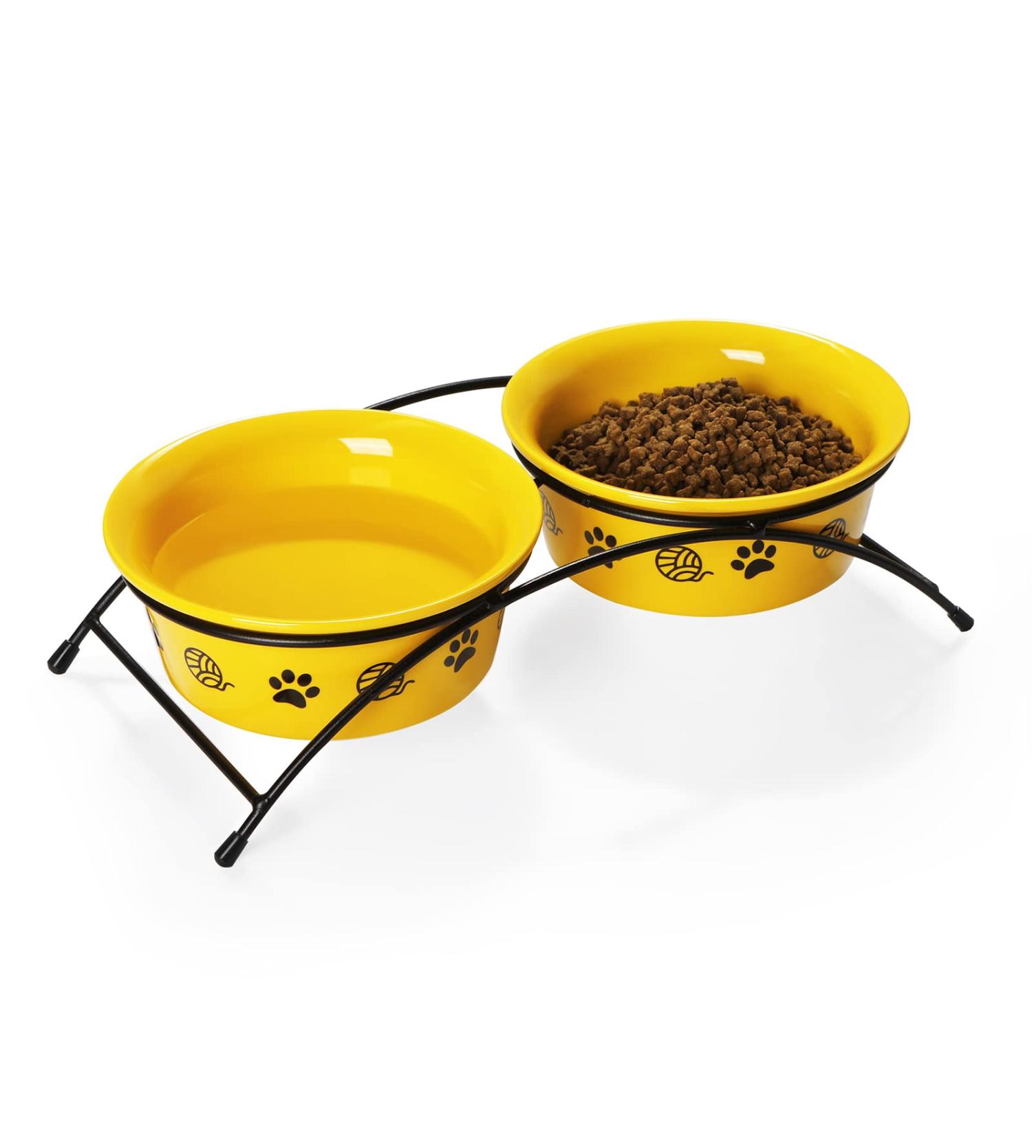 Sweejar Ceramic Elevated Cat Bowls - 15 Tilted Raised Pet Bowl with Wooden Stand - Pack of 2 Yellow Bowls 12 Fl Oz - Non-Slip Design for Small Dogs and Cats - Buy Online on GoSupps.com
