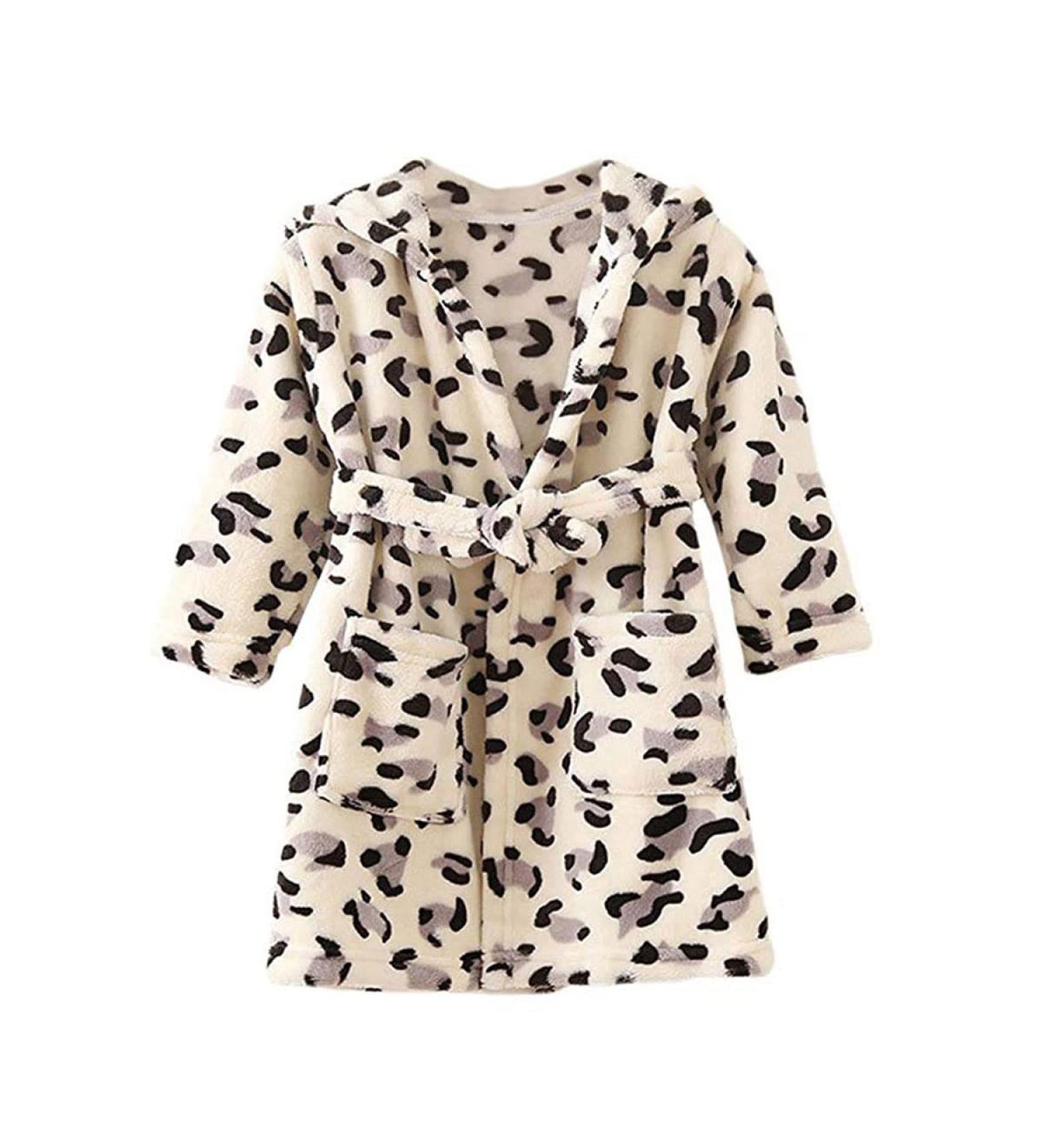 JZLPIN Unisex Baby Hooded Bathrobe Kids Flannel Pajamas Dressing Gown for Boys Girls 5-6 Years Leopard