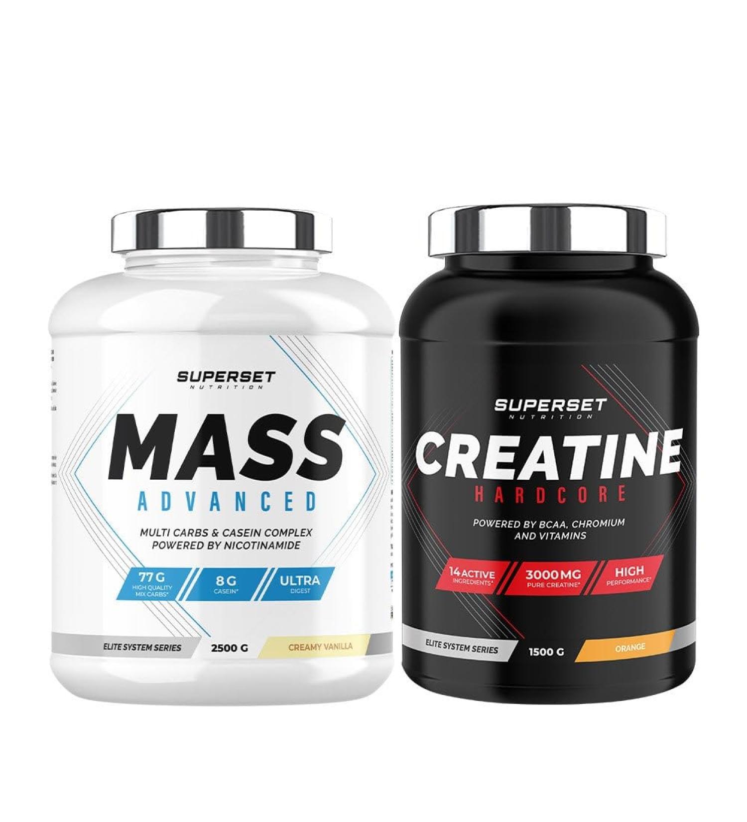 Superset Nutrition | Advanced Mass Gain Program - Mass Advanced 2.5kg Creamy Vanilla - Creatine Hardcore 1.5kg Orange - Buy Online on GoSupps.com