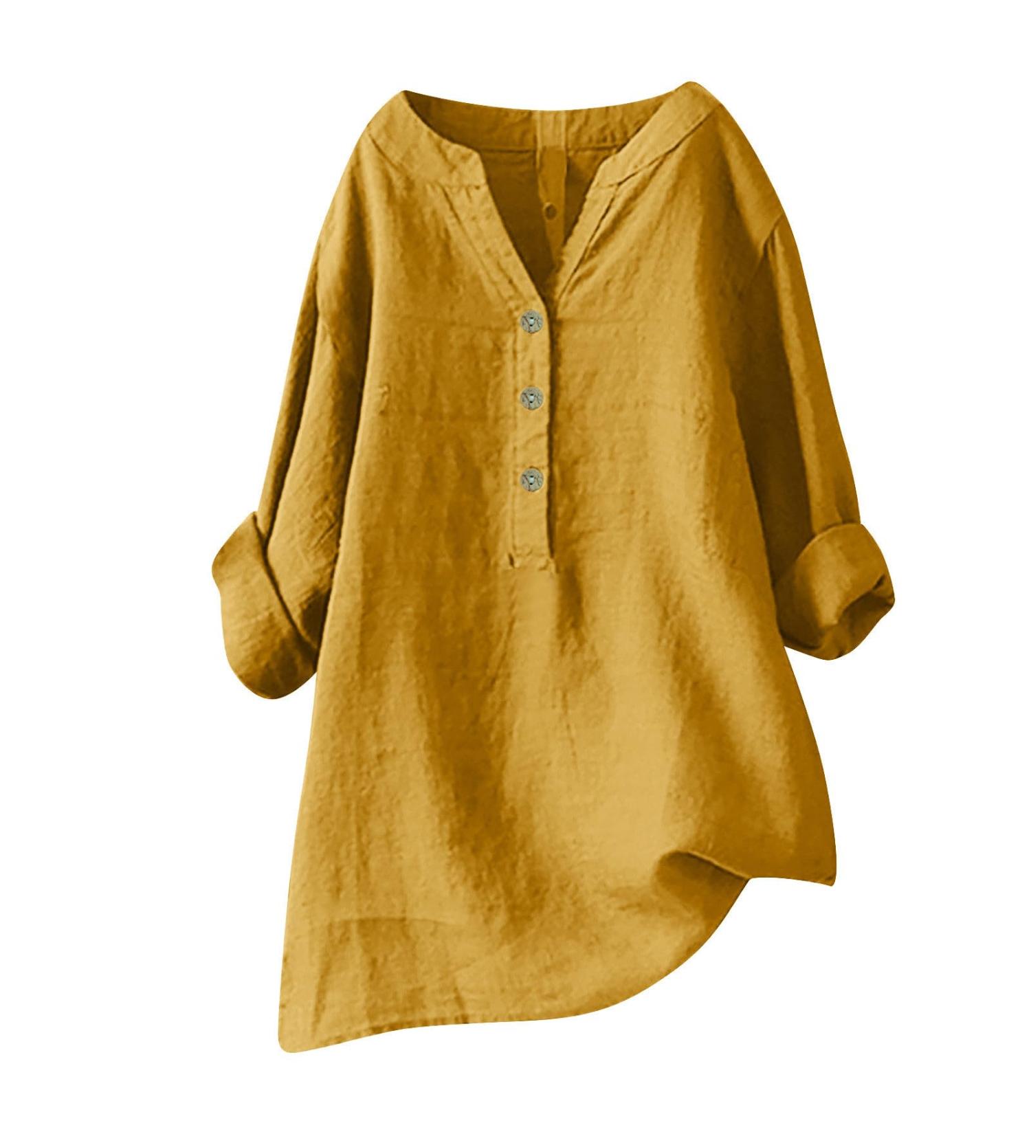 Women Cotton and Linen V Neck Short Sleeves Button Casual Loose Fit Tunic Tops Plus Size Vintage Tee Shirts Summer Business Office Work Blouse Tops 3070-qppoj-a-yellow XXL - Buy Online on GoSupps.com