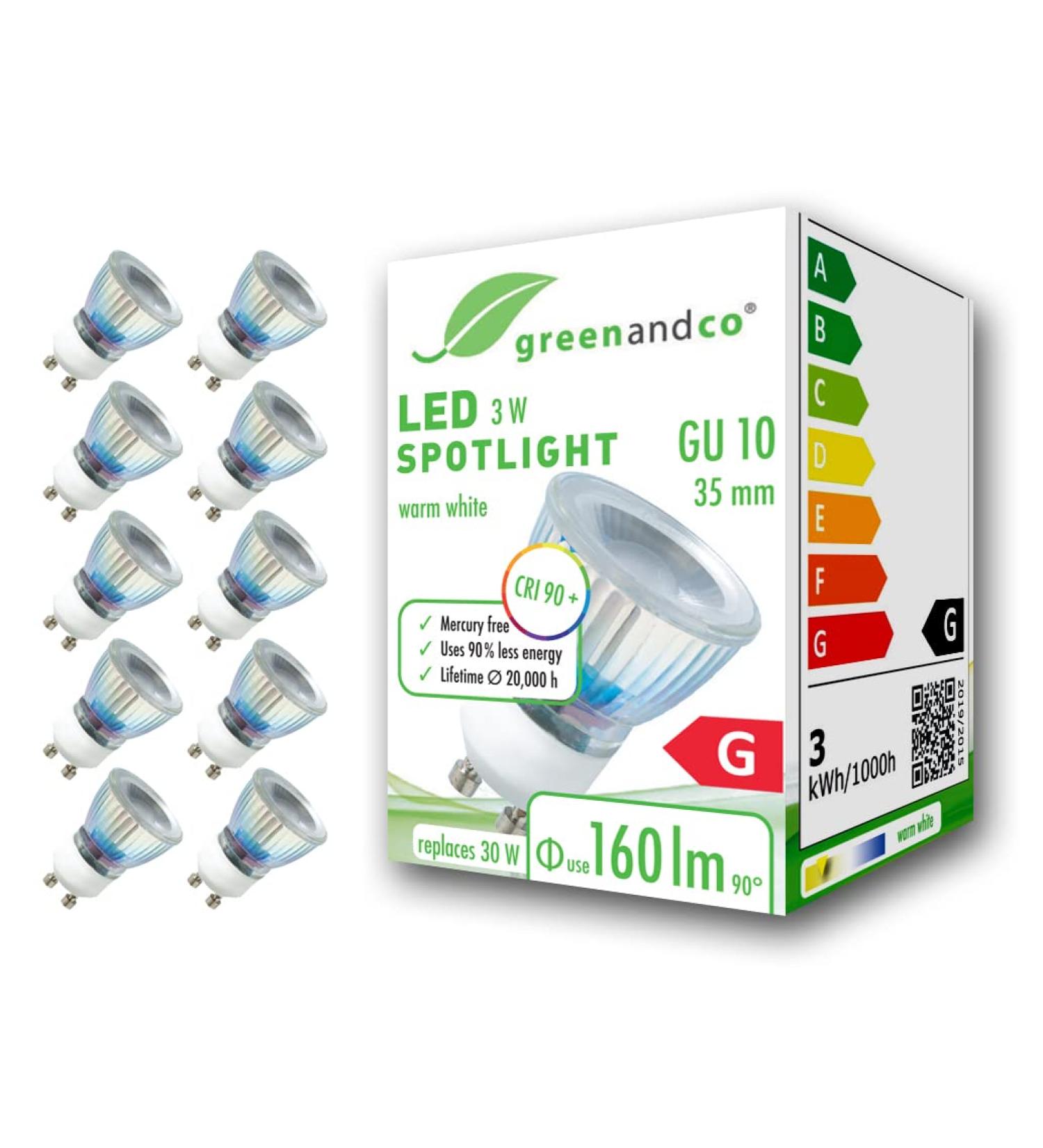 Greenandco 10x CRI 90+ GU10 35mm LED Spot Lights | 3W 160 LM 3000K Warm White | Flicker-Free Not Dimmable 2-Year Guarantee | Eco-Friendly LED Bulbs - Buy Online on GoSupps.com