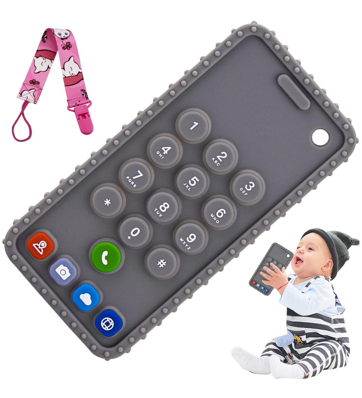 Besosay Baby Phone Teething Toy: Soft Silicone Cell Phone Teether for Babies 0-12 Months Grey | Baby Fidget Toy & Pacifier for Breastfeeding - Buy Online on GoSupps.com
