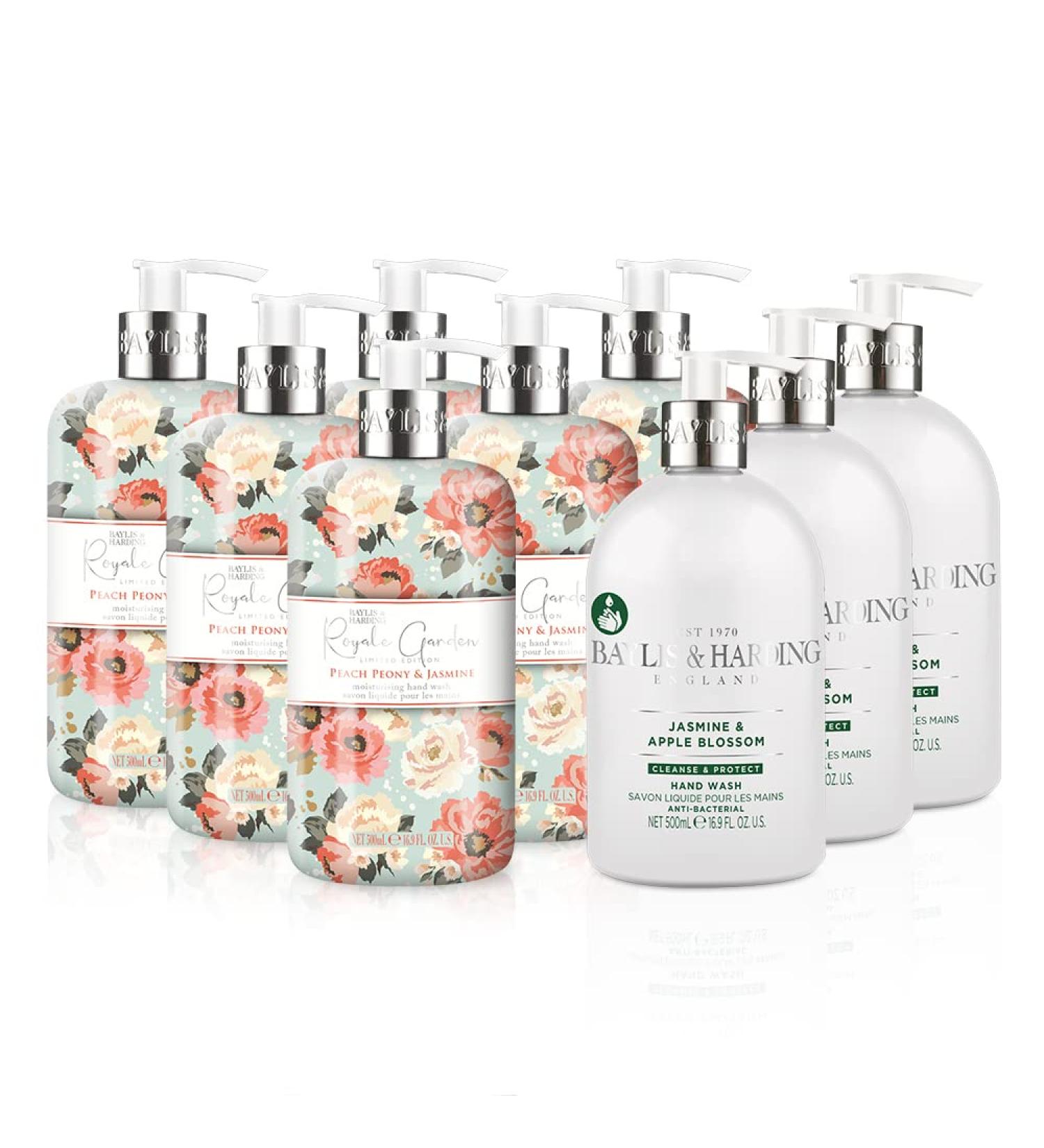 Baylis & Harding Hand Wash Bundle - 6 x 500ml Royale Garden Peach Peony & Jasmine + 3 x 500ml Anti-Bacterial Jasmine & Apple Blossom (9 Bottles) - Vegan Friendly - Buy Online on GoSupps.com
