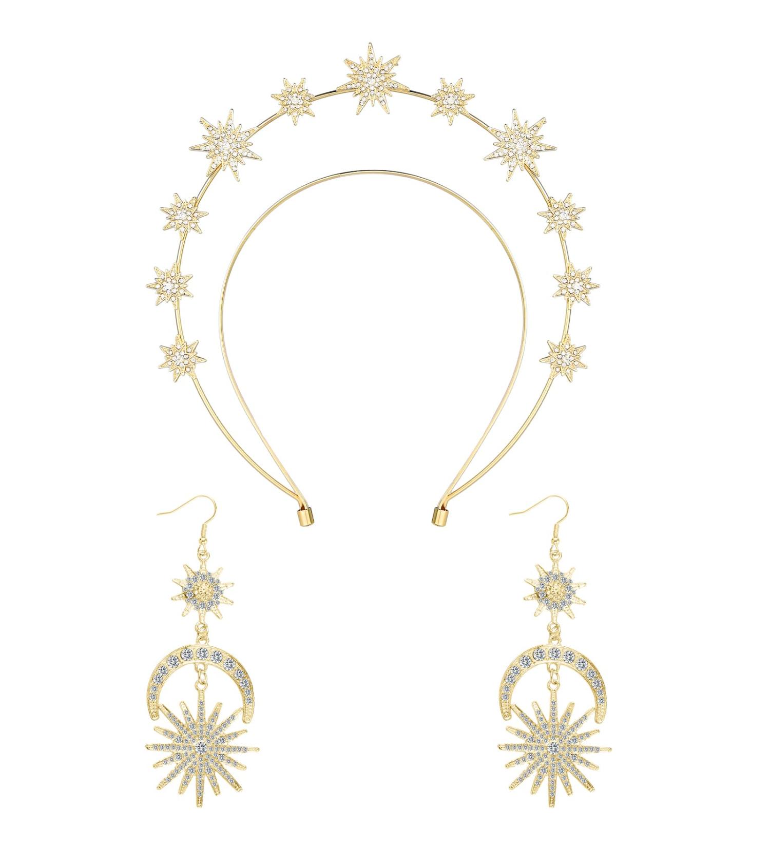 Amabro Halo Crown Stars Crystal Headband Goddess Crown Halo Headband with Sun Moon Earrings Glitter Rhinestone Tiara Hair Band Accessories for Women Boho Bridal Wedding Headpiece(Gold) - Buy Online on GoSupps.com