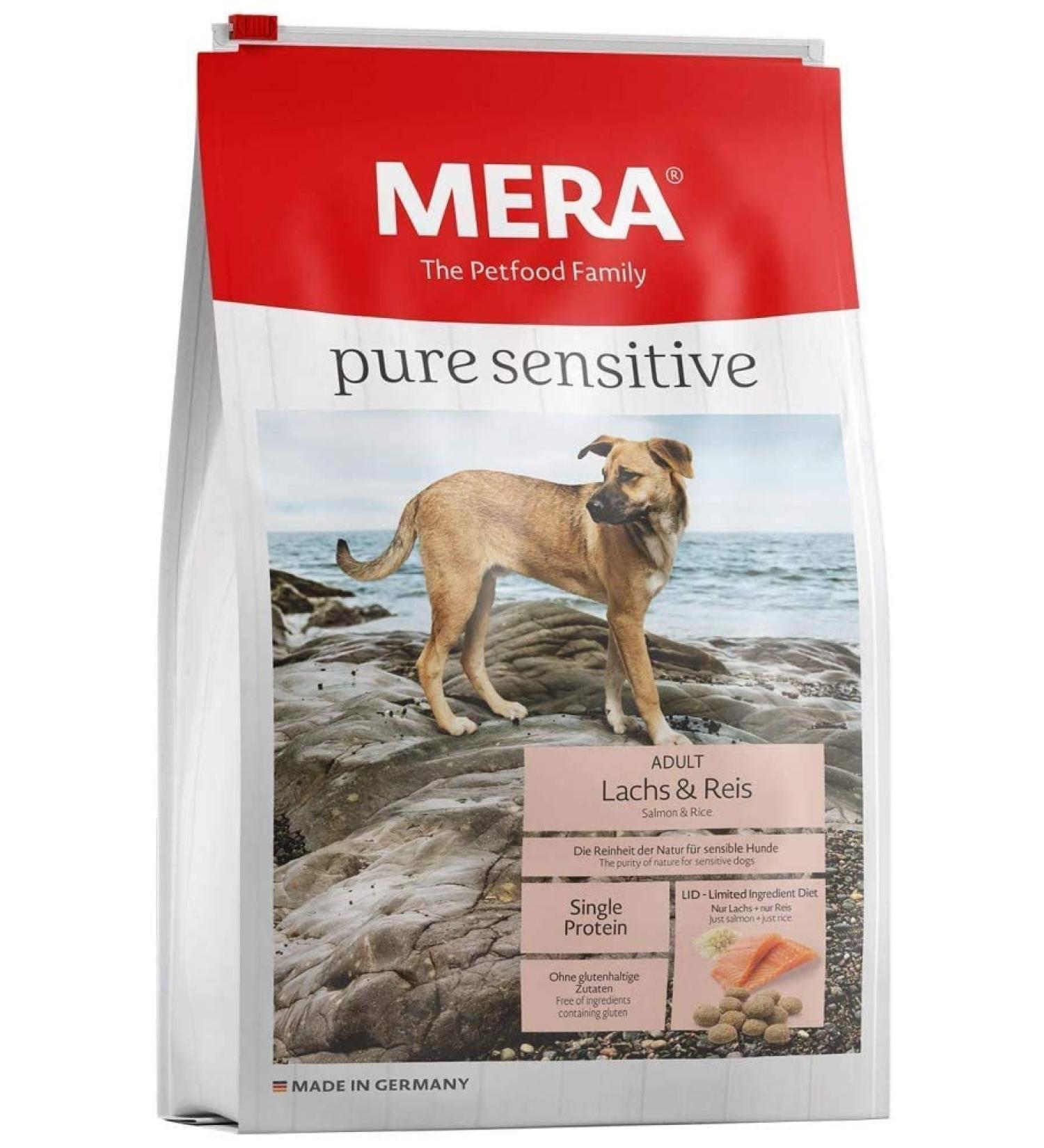 Mera pure sensitive salmon & rice dog food dry for sensitive dogs dry food made of salmon and rice food for adult dog without wheat and sugar (1 kg) 1 kg (1 Pack)