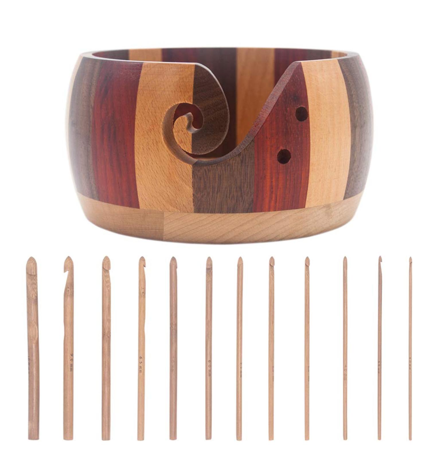 LAMXD Wooden Yarn Bowl Holder with 12 Bamboo Crochet Hooks - Handmade Wool Storage Organizer for Knitting & Crochet - 15 cm - Buy Online on GoSupps.com